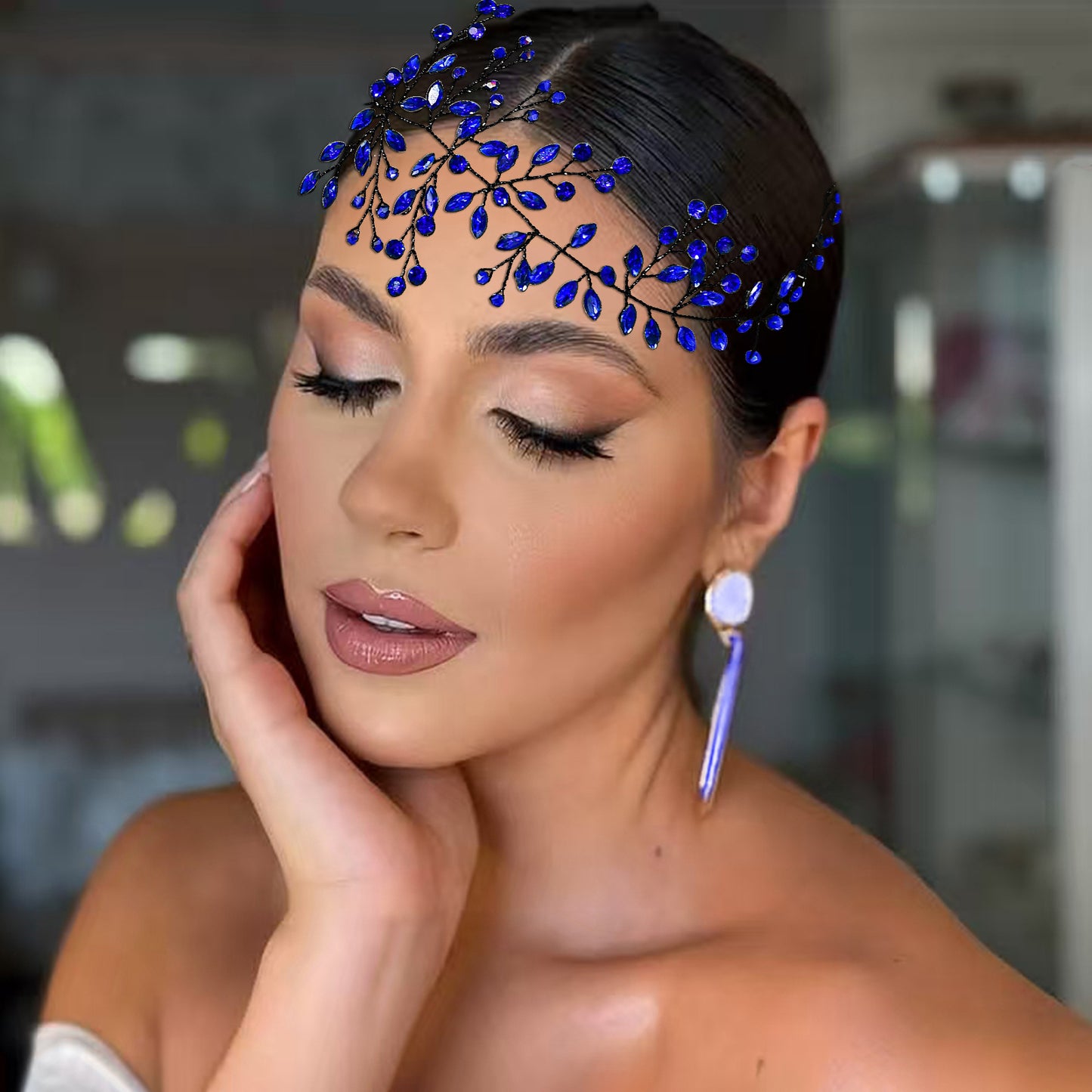 BRIDELLA BHP21 Blue Crystal Bride Hair Accessories Jewelry Decoration Bridal Head Piece Rhinestone Handmade Bridesmaid Hairpiece