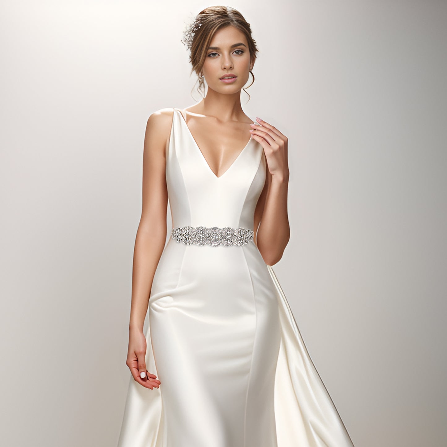 BRIDELLA BS239 Luxurious Full Diamond Silver Forged Strap Design Dress Belt In Beige Color