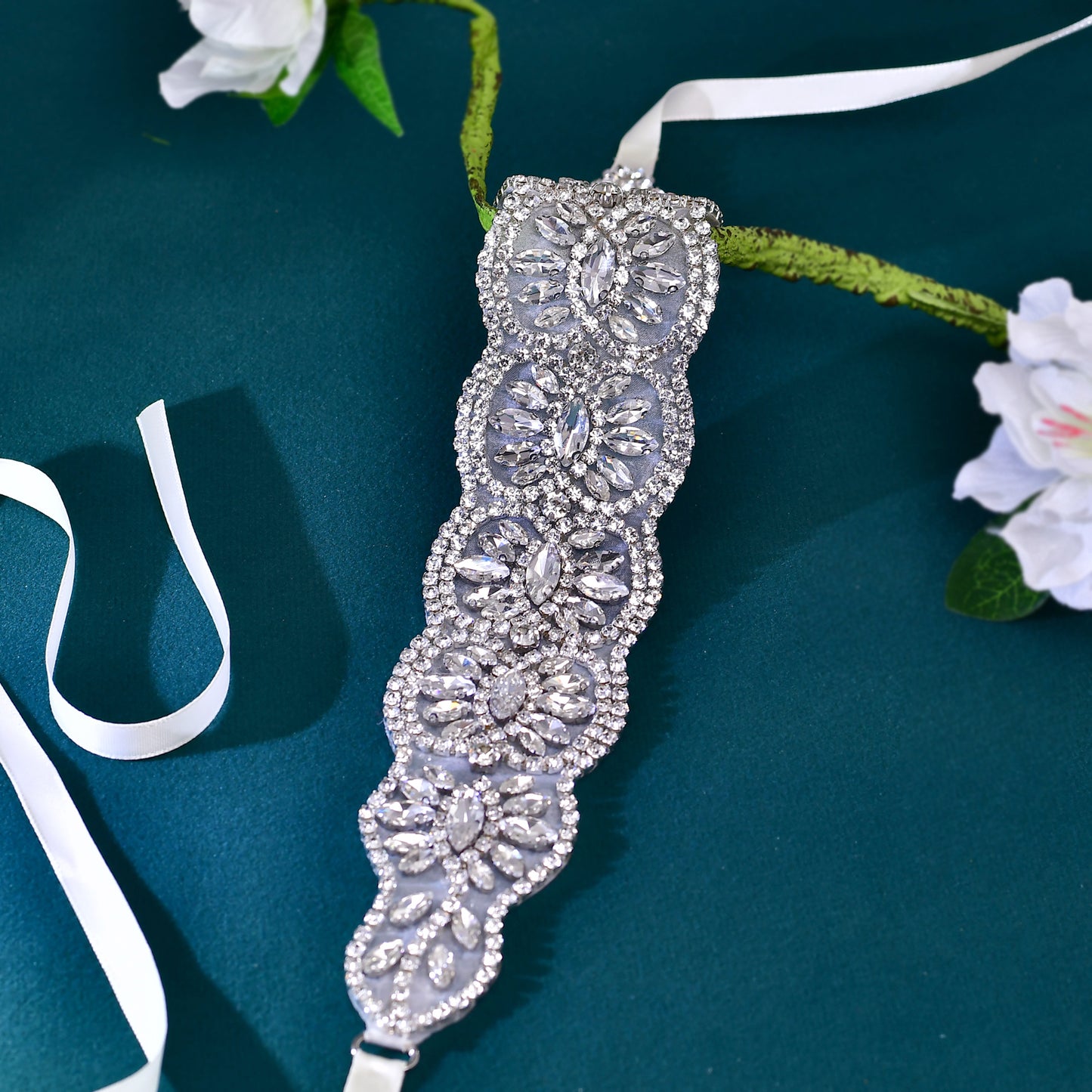 BRIDELLA BS239 Luxurious Full Diamond Silver Forged Strap Design Dress Belt In Beige Color