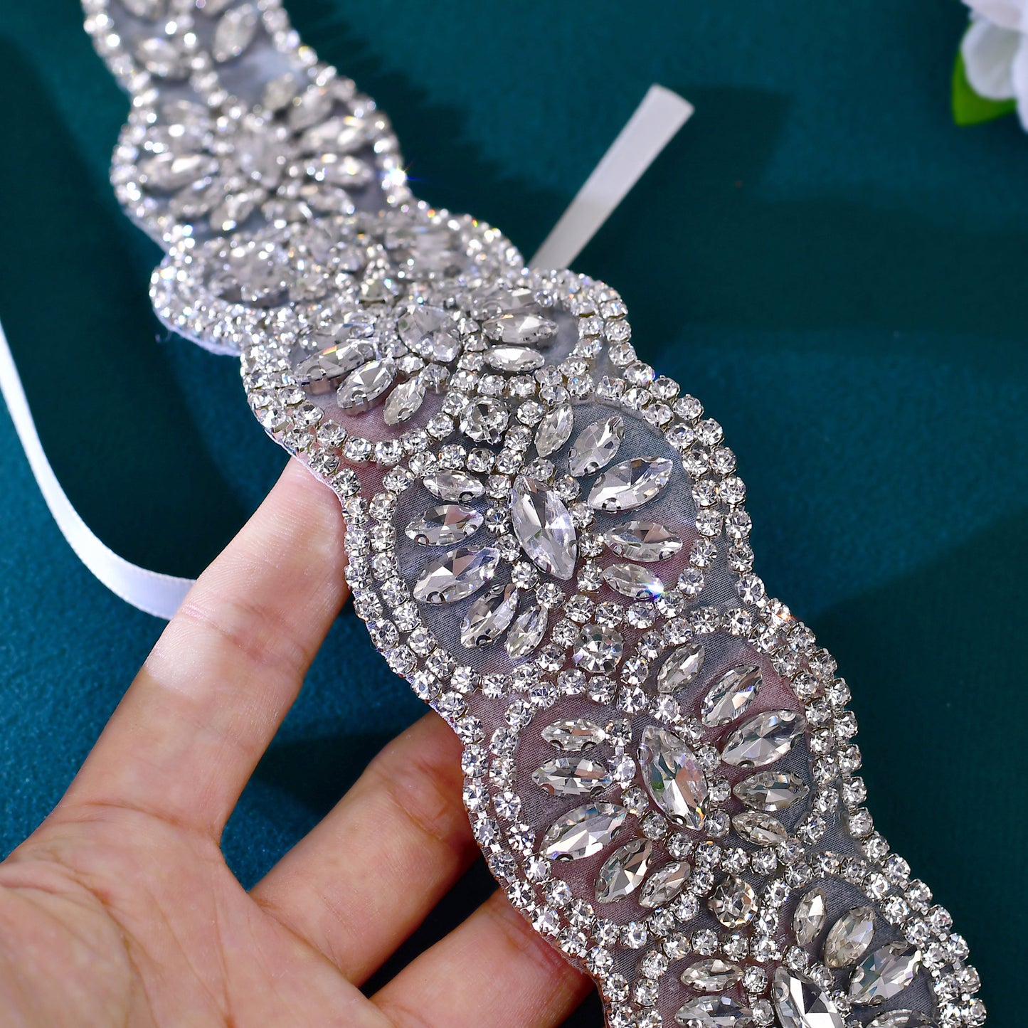 BRIDELLA BS239 Luxurious Full Diamond Silver Forged Strap Design Dress Belt In Beige Color