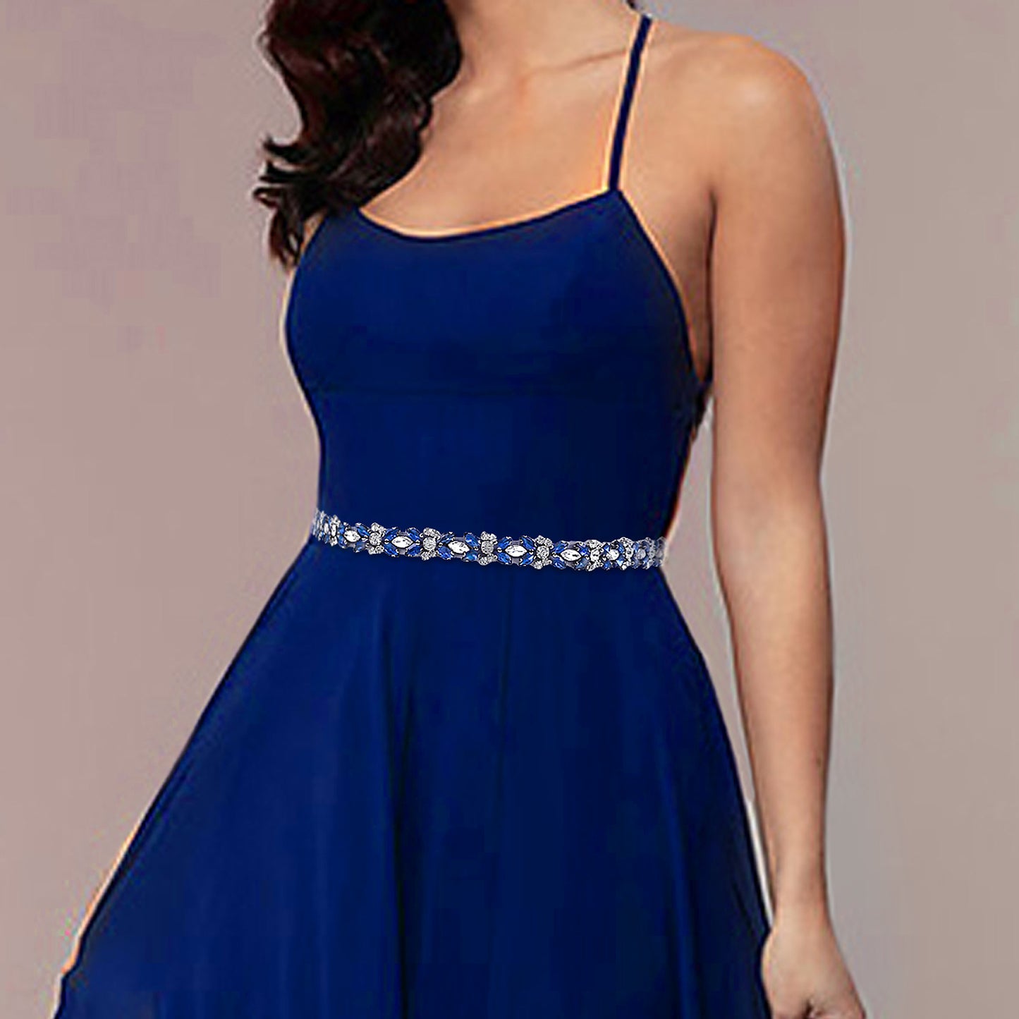 BRIDELLA BS16ML Ink Blue Slim Waist Belt With Full Circle Diamond Belt Party Decoration Waist Chain