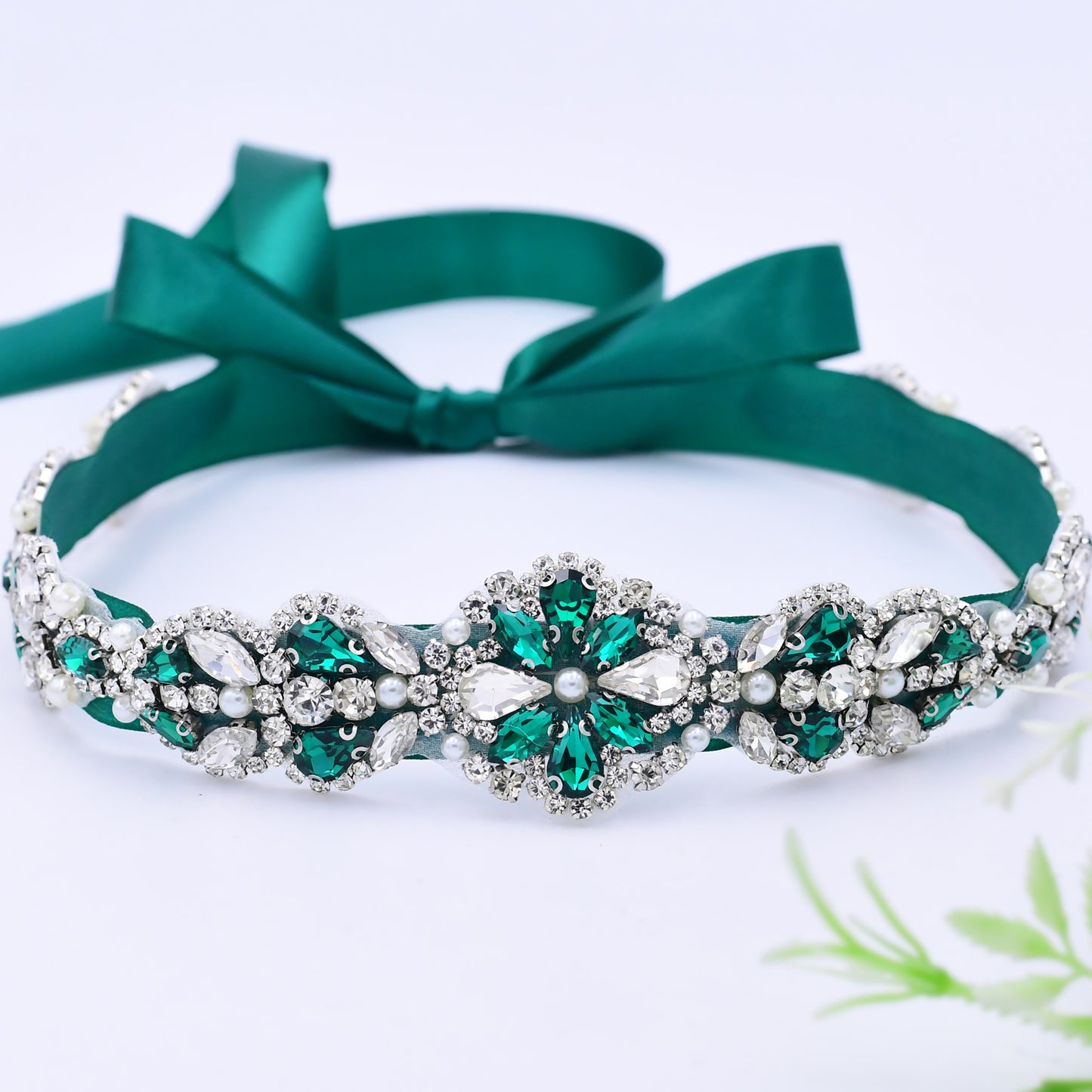 BRIDELLA BS39KL Durable Dark Green Satin Waistband With Diamond Hand Sewn Banquet Dress Belt