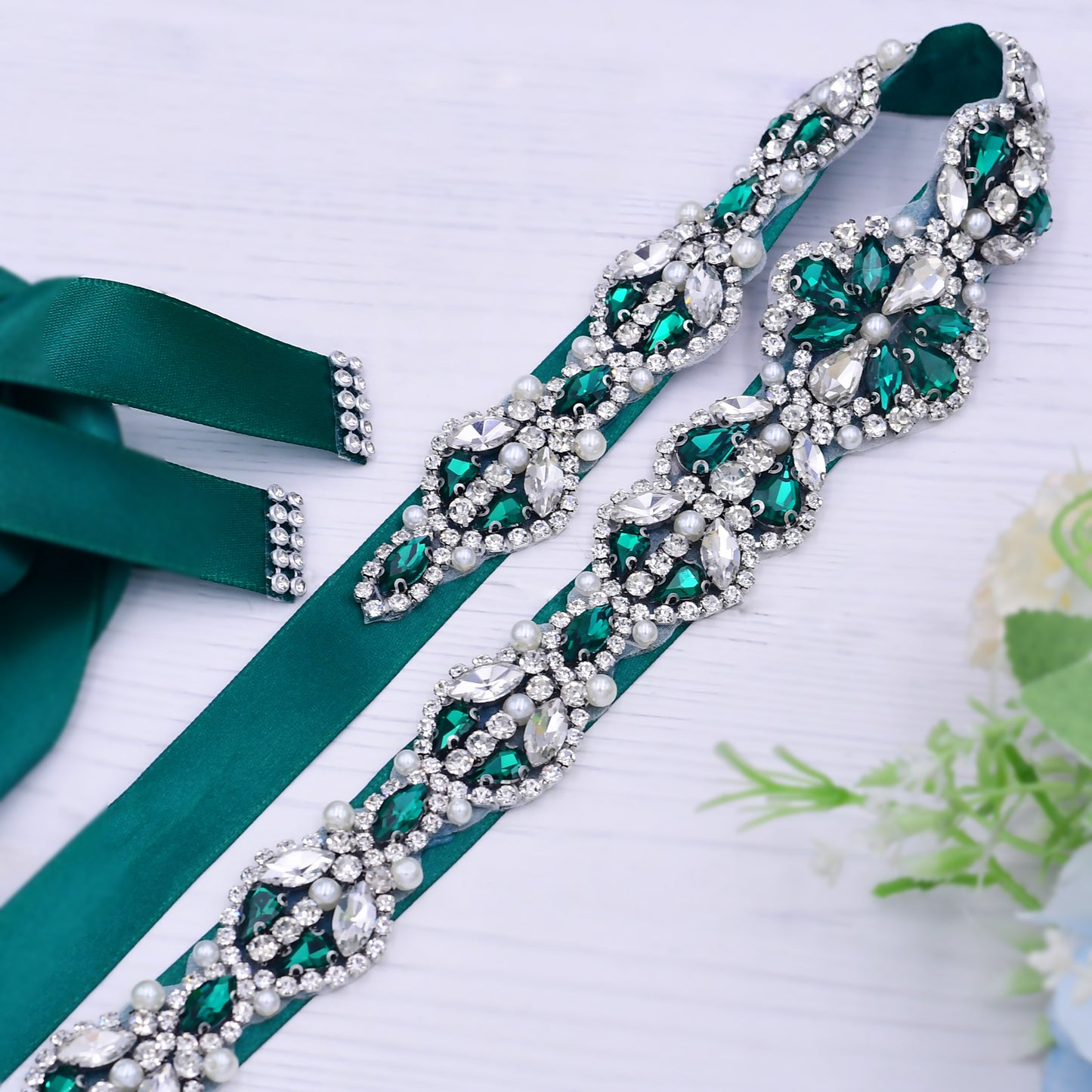 BRIDELLA BS39KL Durable Dark Green Satin Waistband With Diamond Hand Sewn Banquet Dress Belt