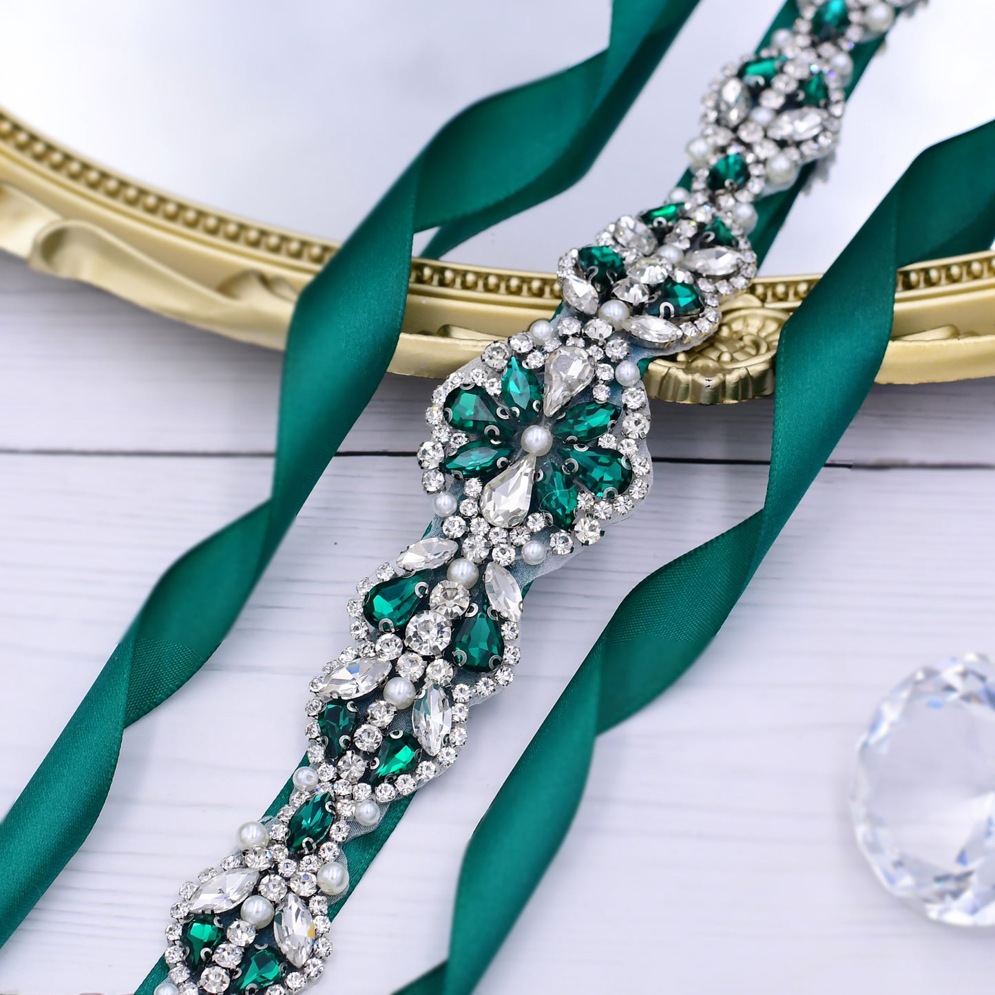 BRIDELLA BS39KL Durable Dark Green Satin Waistband With Diamond Hand Sewn Banquet Dress Belt