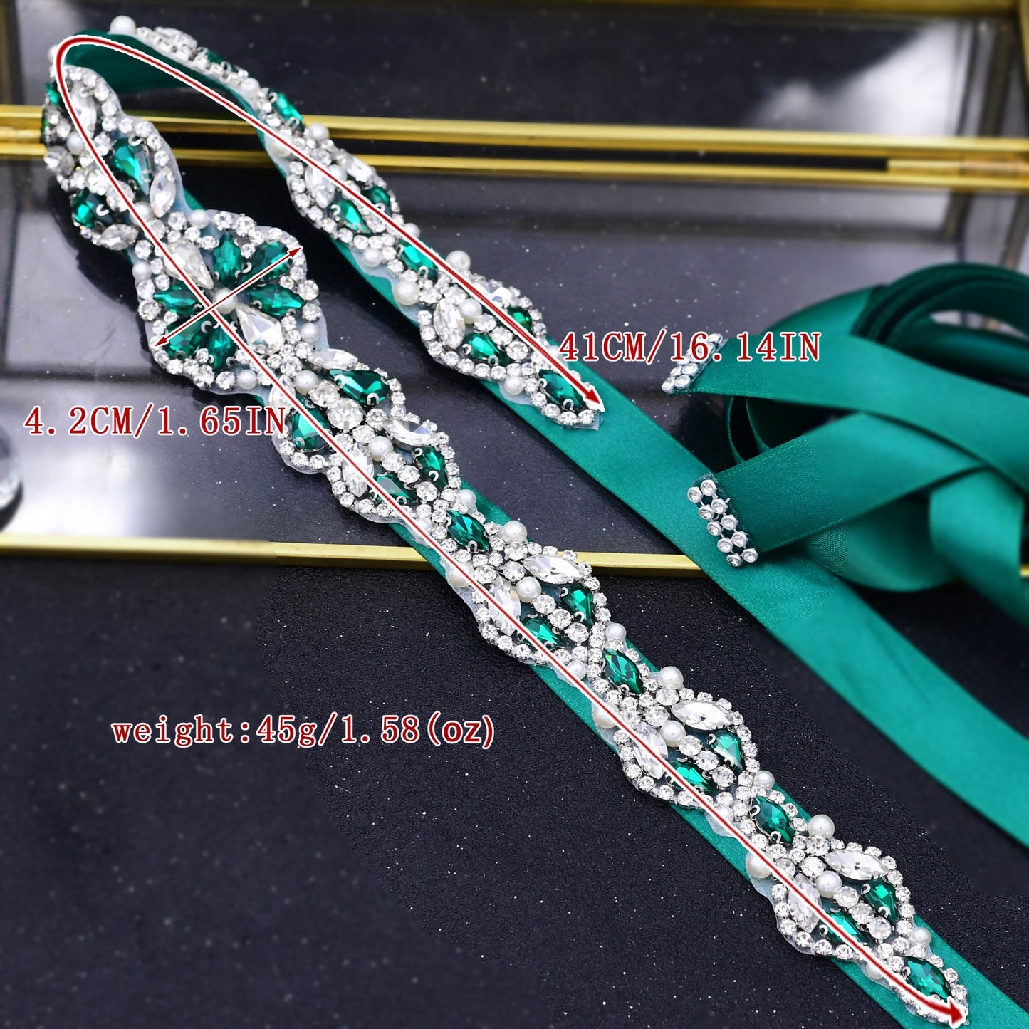 BRIDELLA BS39KL Durable Dark Green Satin Waistband With Diamond Hand Sewn Banquet Dress Belt