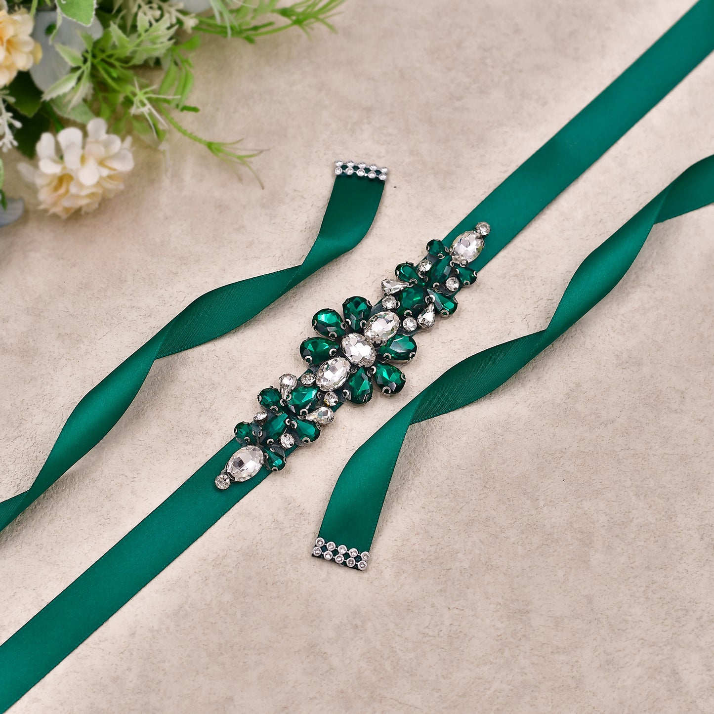 BRIDELLA BS45KL Christmas Style Waist Decoration With Dark Green Rhinestone Flower Strap Belt