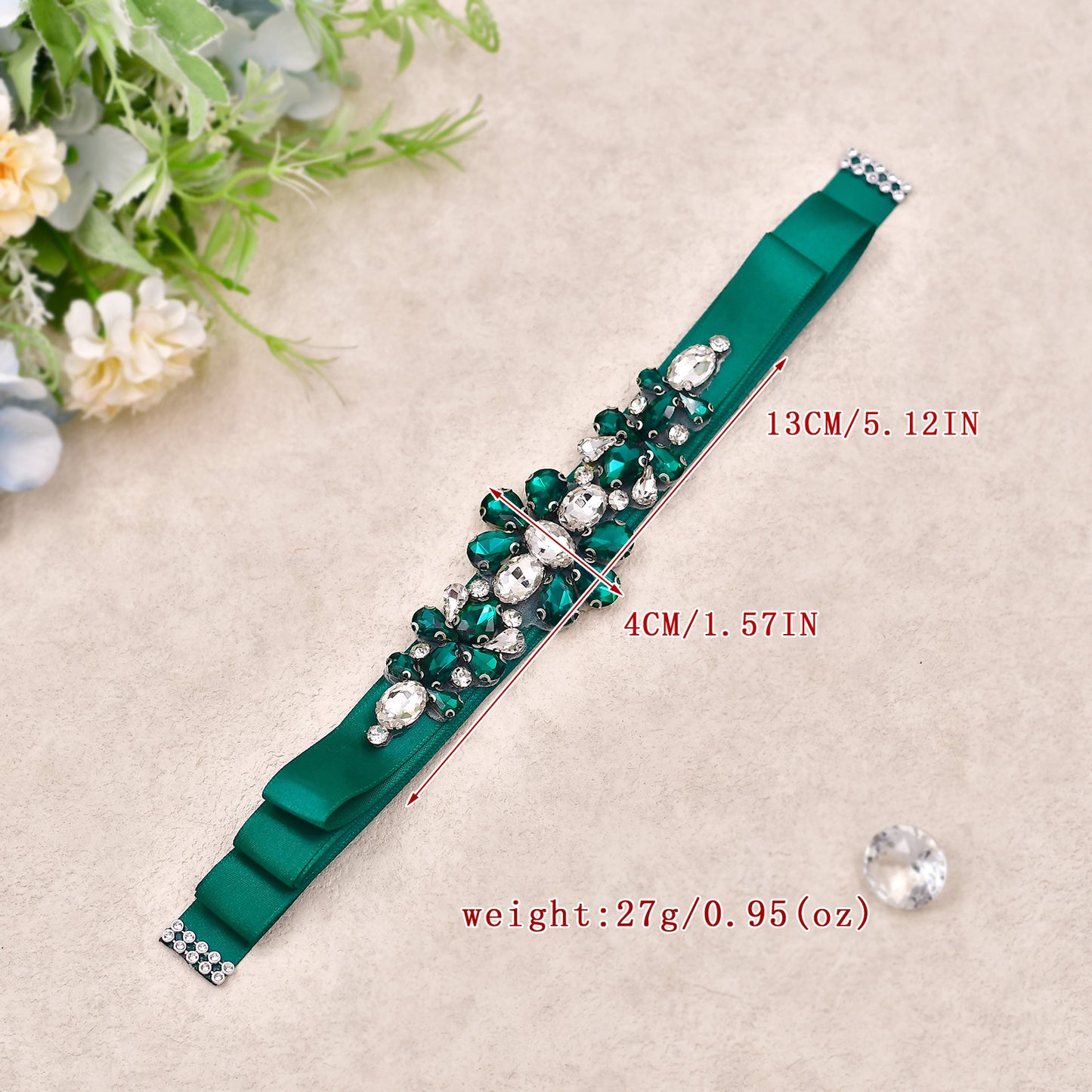 BRIDELLA BS45KL Christmas Style Waist Decoration With Dark Green Rhinestone Flower Strap Belt