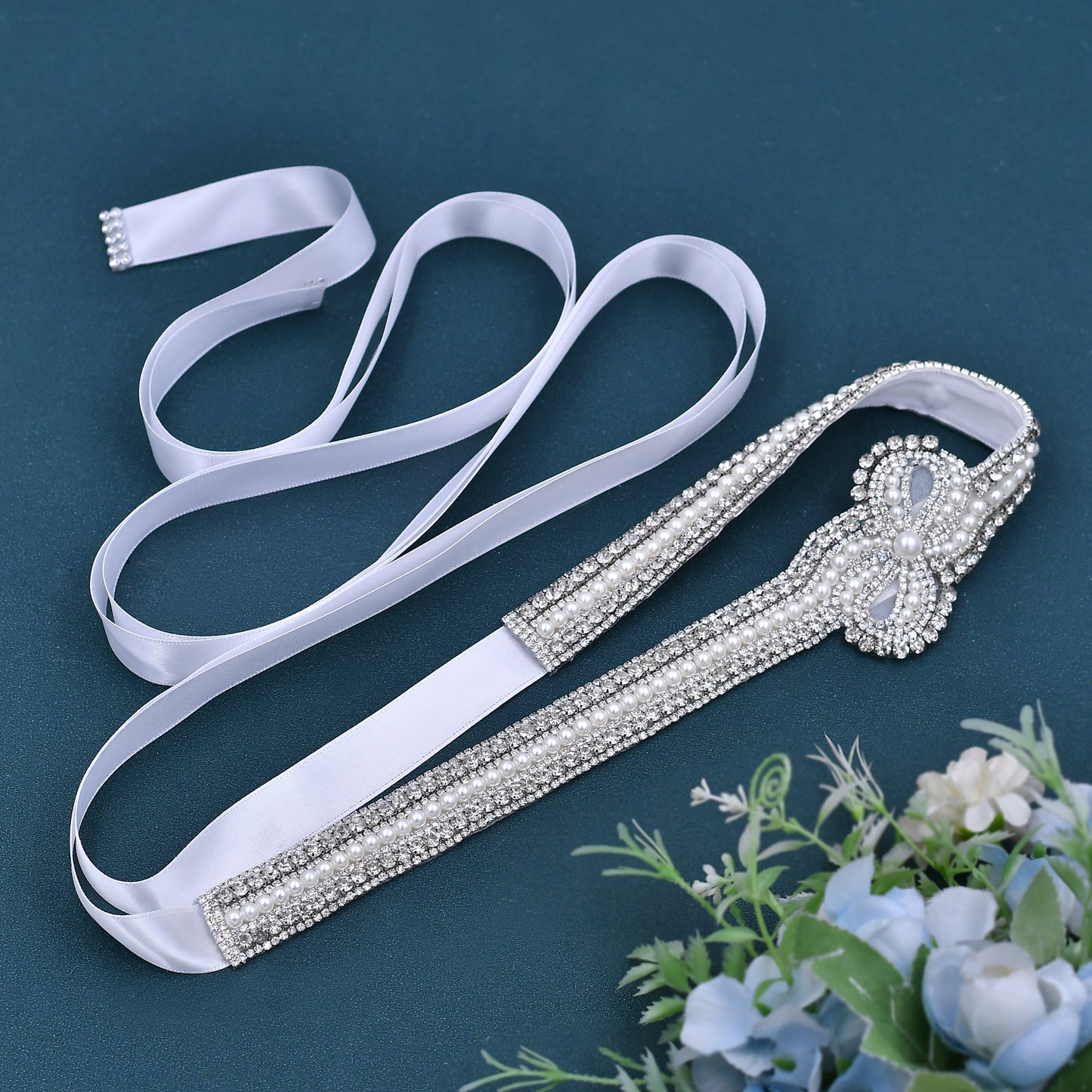 BRIDELLA BS54 Gorgeous Evening Gown With Silver Rhinestone Waist Encrypted Bow Pearl Belt