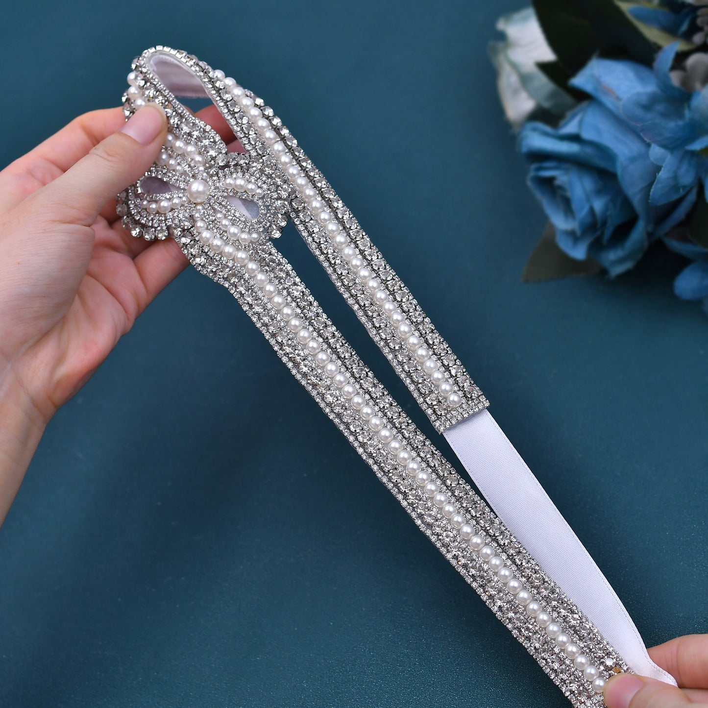 BRIDELLA BS54 Gorgeous Evening Gown With Silver Rhinestone Waist Encrypted Bow Pearl Belt