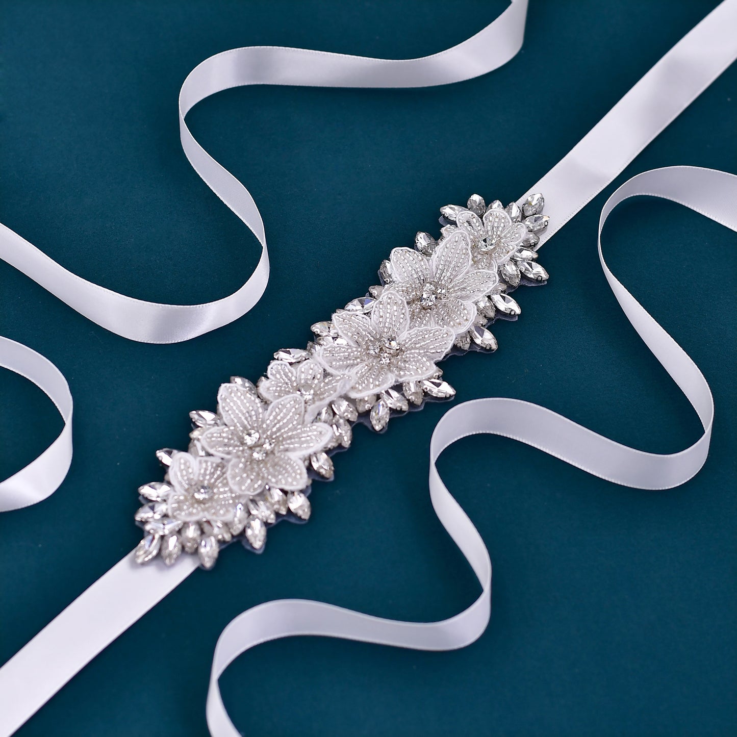 BRIDELLA BS63 3D Flower Embellished Satin Dress Belt Suitable For Weddings And Valentines Day