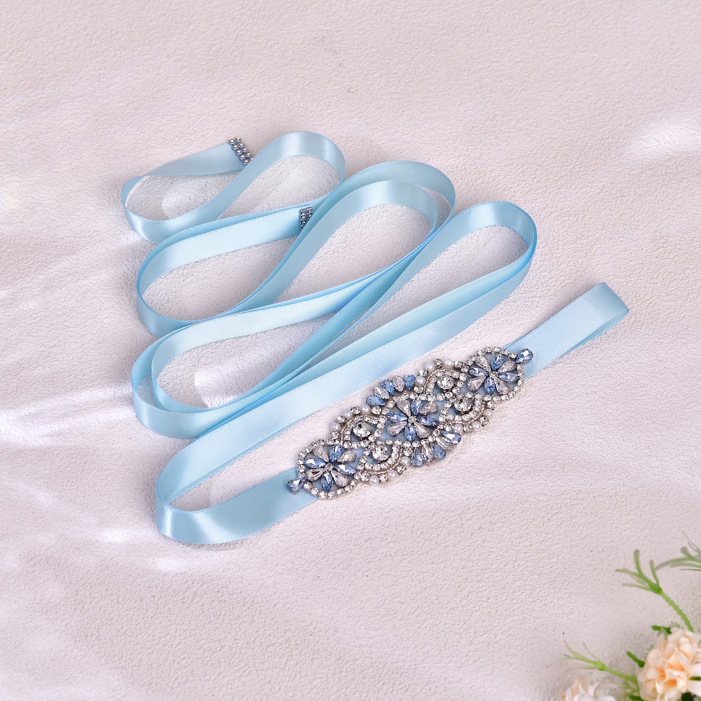 BRIDELLA BS76QL Candy Colored Romantic Light Blue Rhinestone Satin Belt Exquisite Handmade Waist Accessory