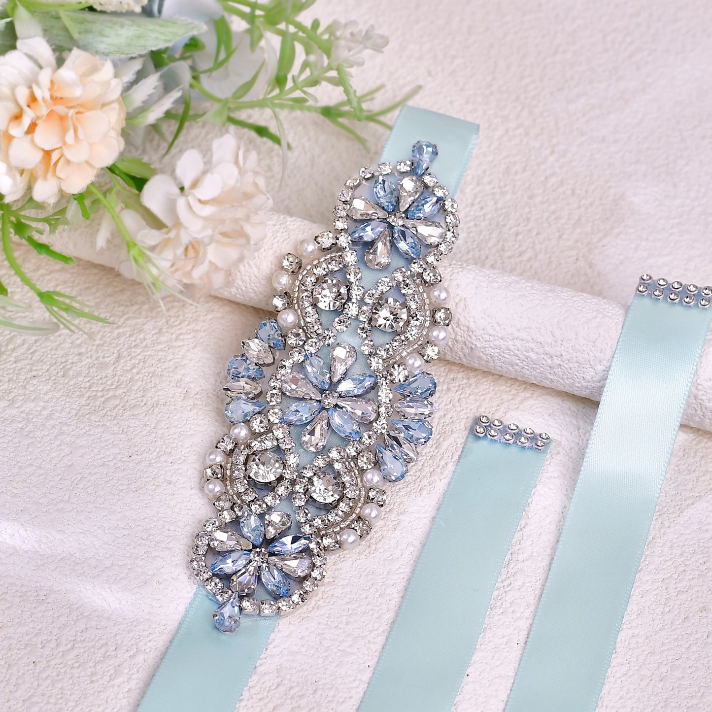 BRIDELLA BS76QL Candy Colored Romantic Light Blue Rhinestone Satin Belt Exquisite Handmade Waist Accessory