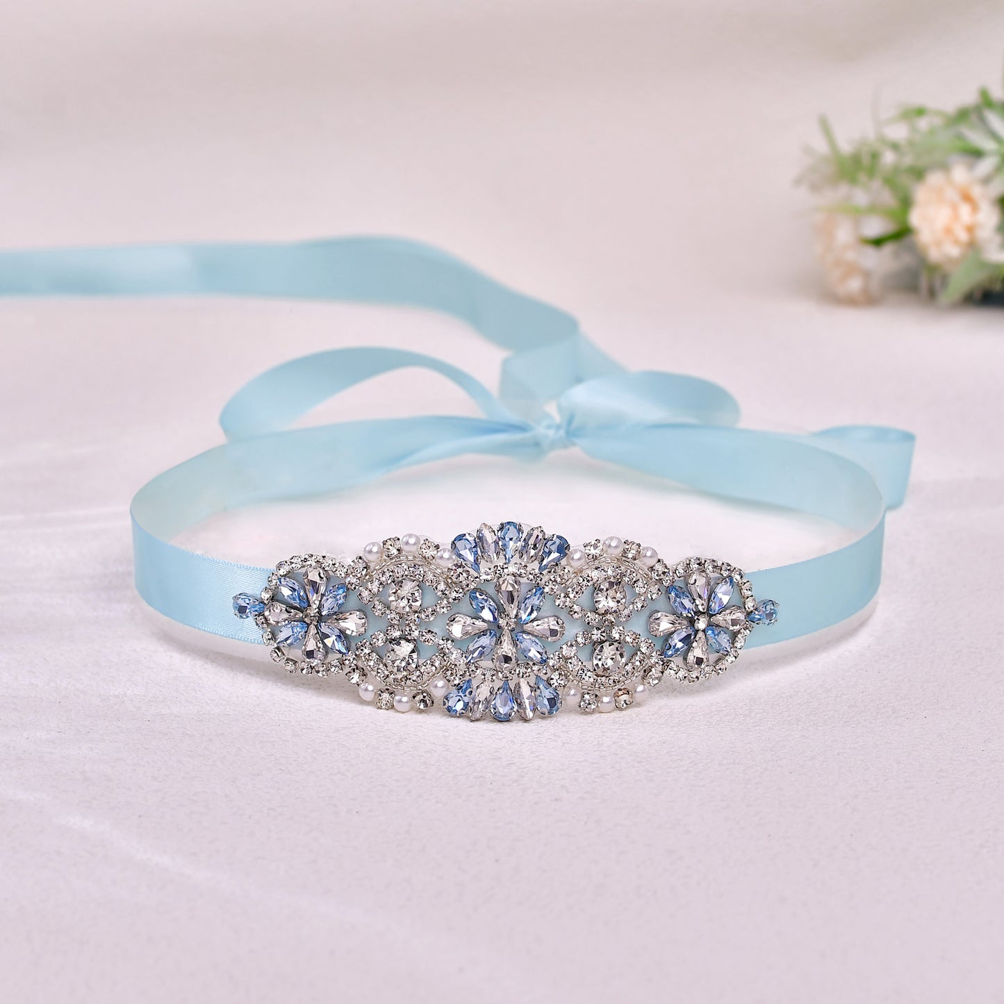 BRIDELLA BS76QL Candy Colored Romantic Light Blue Rhinestone Satin Belt Exquisite Handmade Waist Accessory