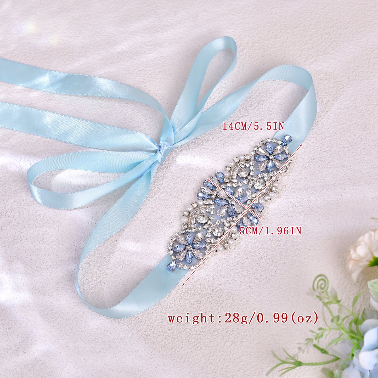 BRIDELLA BS76QL Candy Colored Romantic Light Blue Rhinestone Satin Belt Exquisite Handmade Waist Accessory