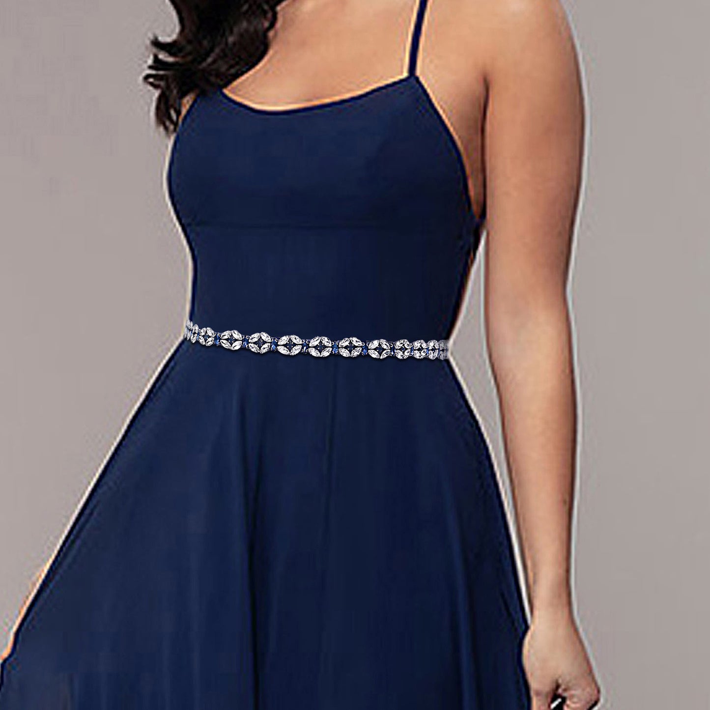 BRIDELLA BS111ML Extended Full Diamond Waist Seal Deep Blue Dress Thin Waist Chain Strap Belt