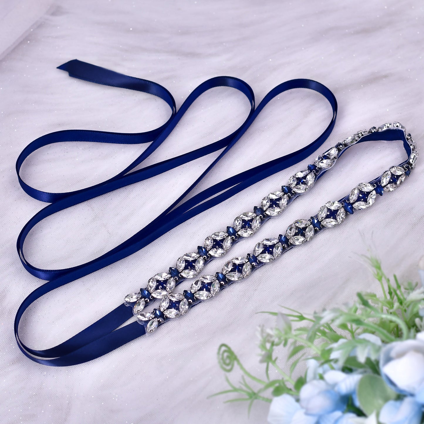 BRIDELLA BS111ML Extended Full Diamond Waist Seal Deep Blue Dress Thin Waist Chain Strap Belt