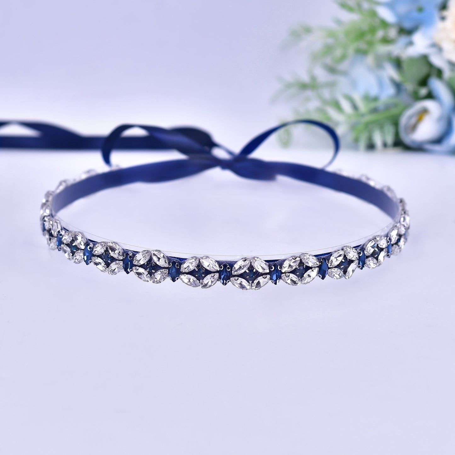 BRIDELLA BS111ML Extended Full Diamond Waist Seal Deep Blue Dress Thin Waist Chain Strap Belt