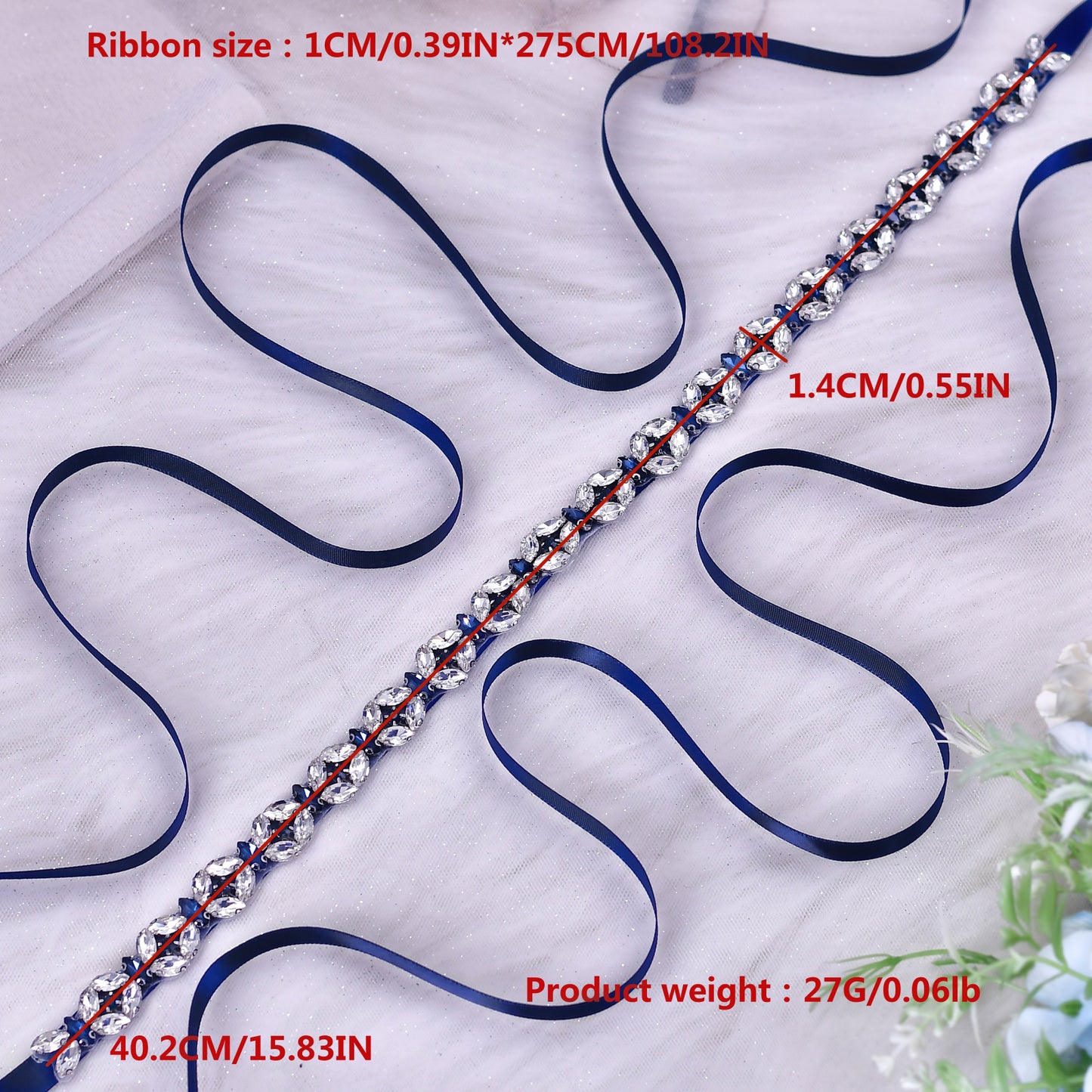 BRIDELLA BS111ML Extended Full Diamond Waist Seal Deep Blue Dress Thin Waist Chain Strap Belt