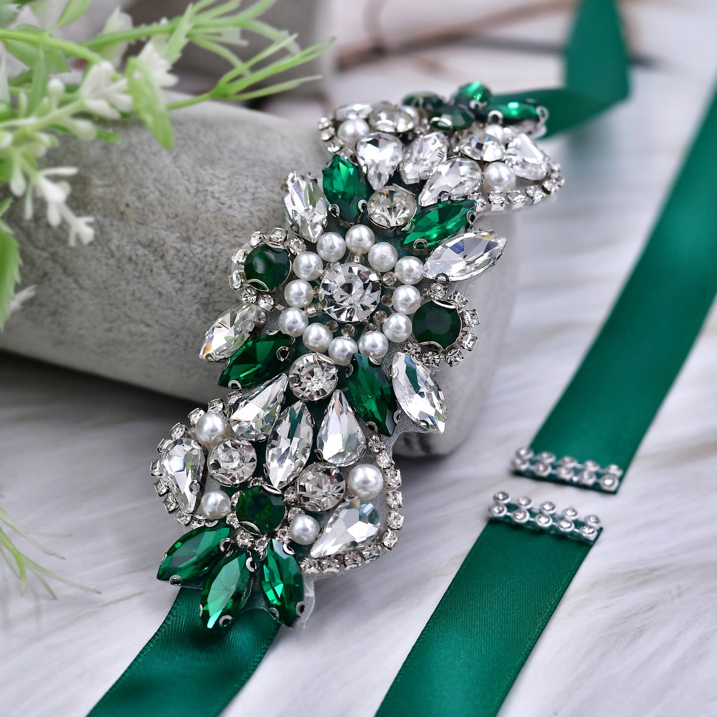 BRIDELLA BS86KL Ink Green Water Diamond Waist Belt For Slimming Mid Year Celebration Annual Meeting Hosts Dress Belt