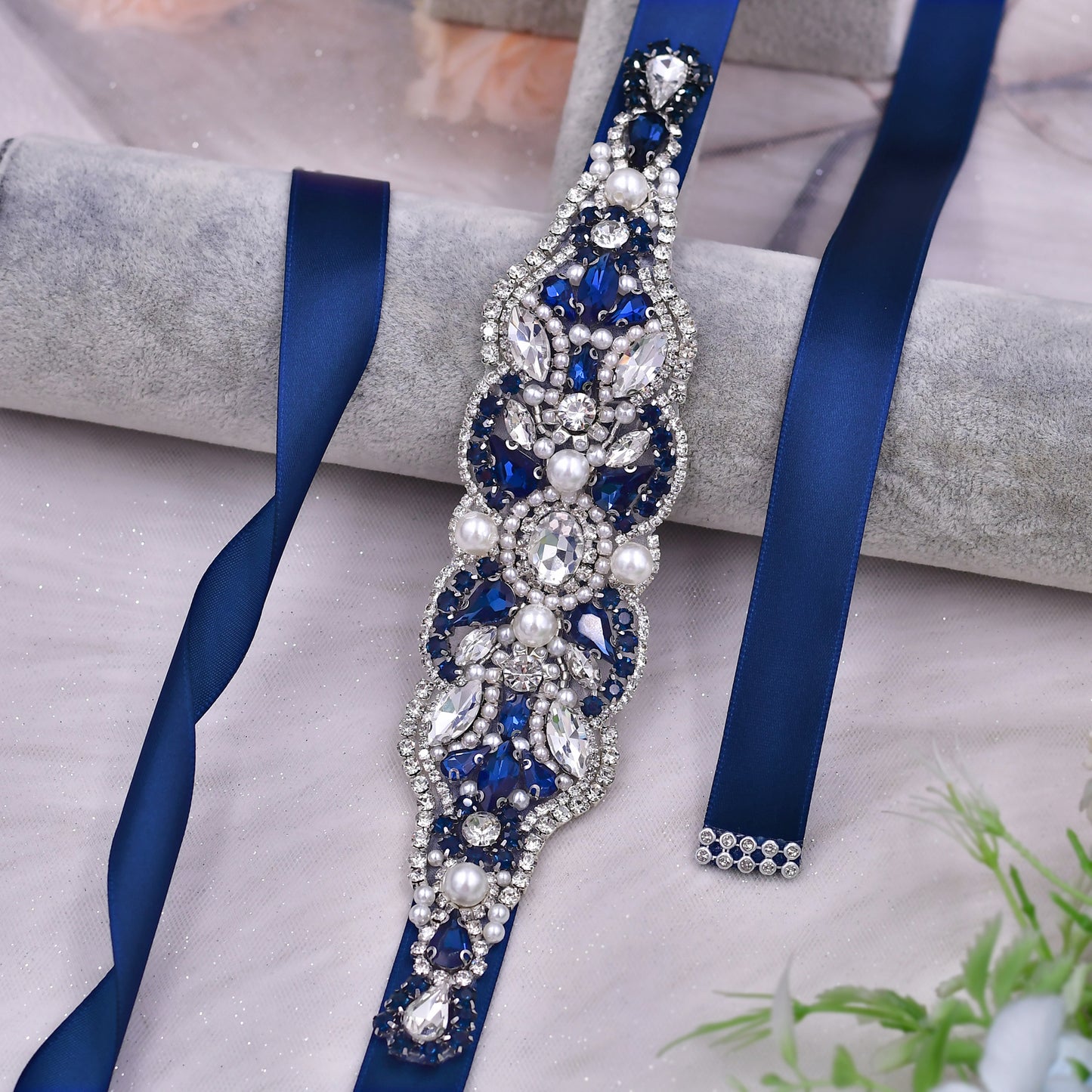 BRIDELLA BS87ML Ink Blue Sparkling Rhinestone Waist Decoration Accessory For Women Versatile Accessories
