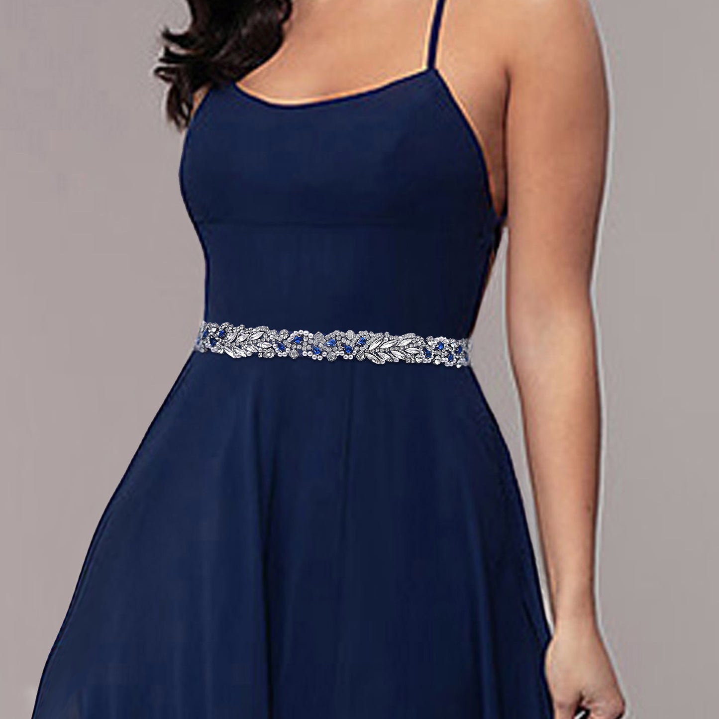 BRIDELLA BS100ML Elegant Ladies Formal Occasion Dress Belt With Deep Blue Gemstone Pearl Diamond Strap