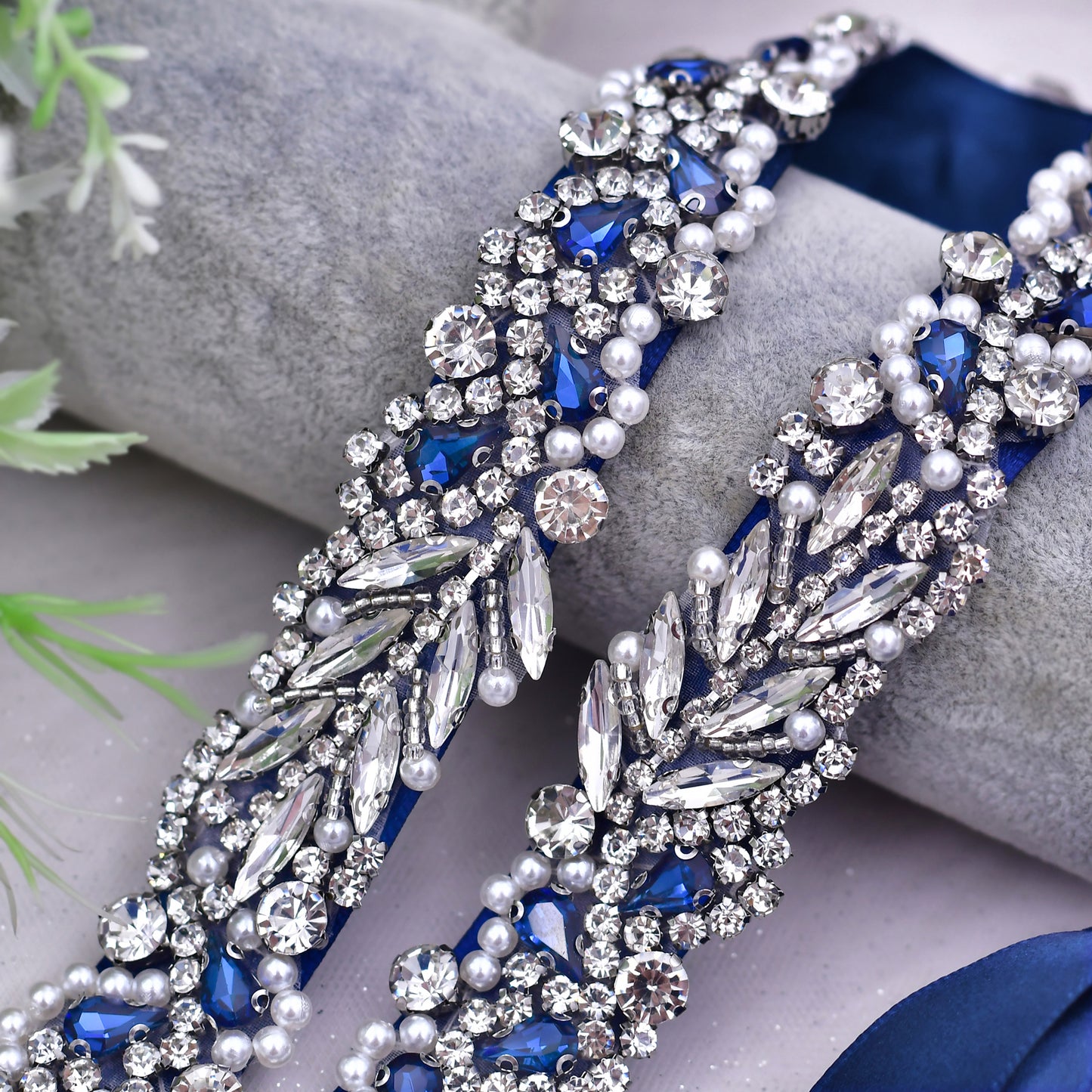 BRIDELLA BS100ML Elegant Ladies Formal Occasion Dress Belt With Deep Blue Gemstone Pearl Diamond Strap