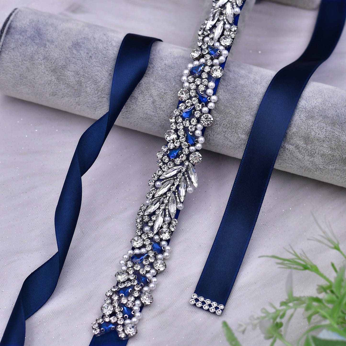 BRIDELLA BS100ML Elegant Ladies Formal Occasion Dress Belt With Deep Blue Gemstone Pearl Diamond Strap