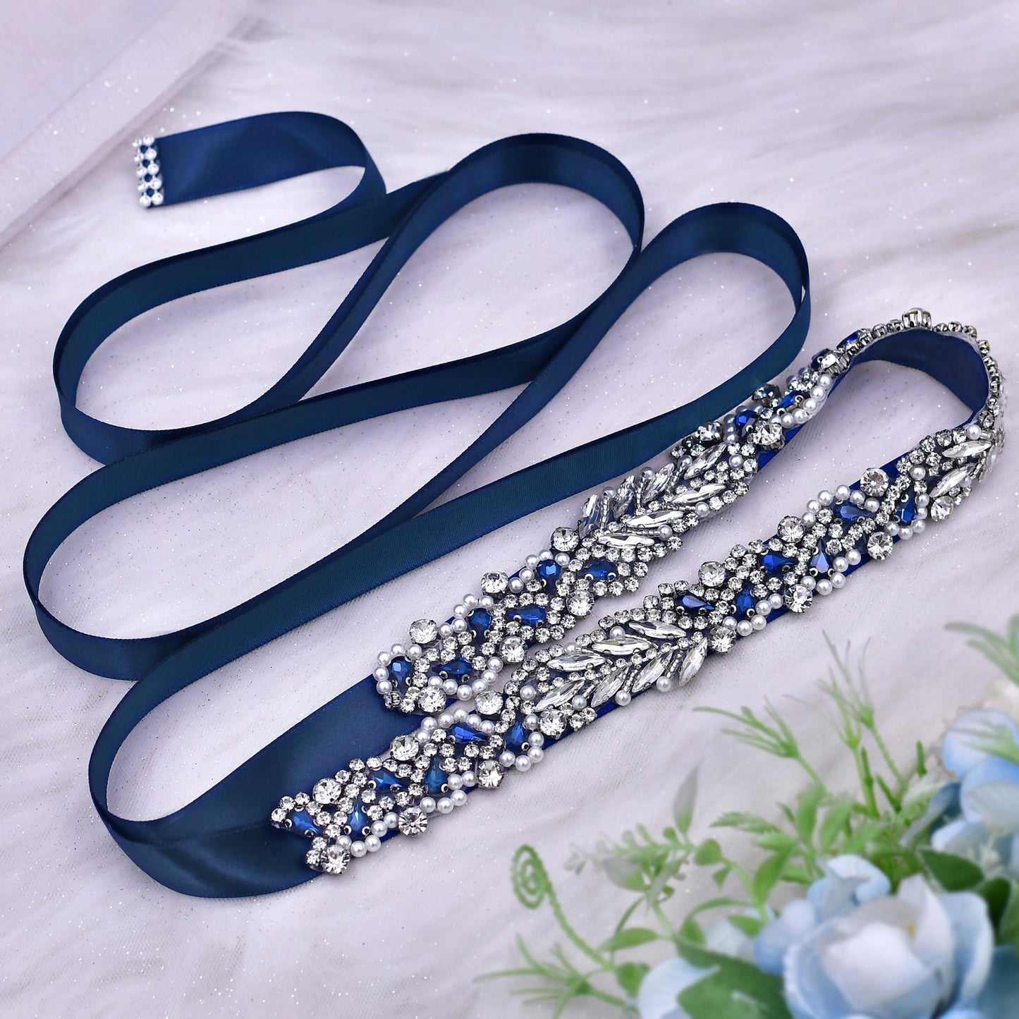 BRIDELLA BS100ML Elegant Ladies Formal Occasion Dress Belt With Deep Blue Gemstone Pearl Diamond Strap