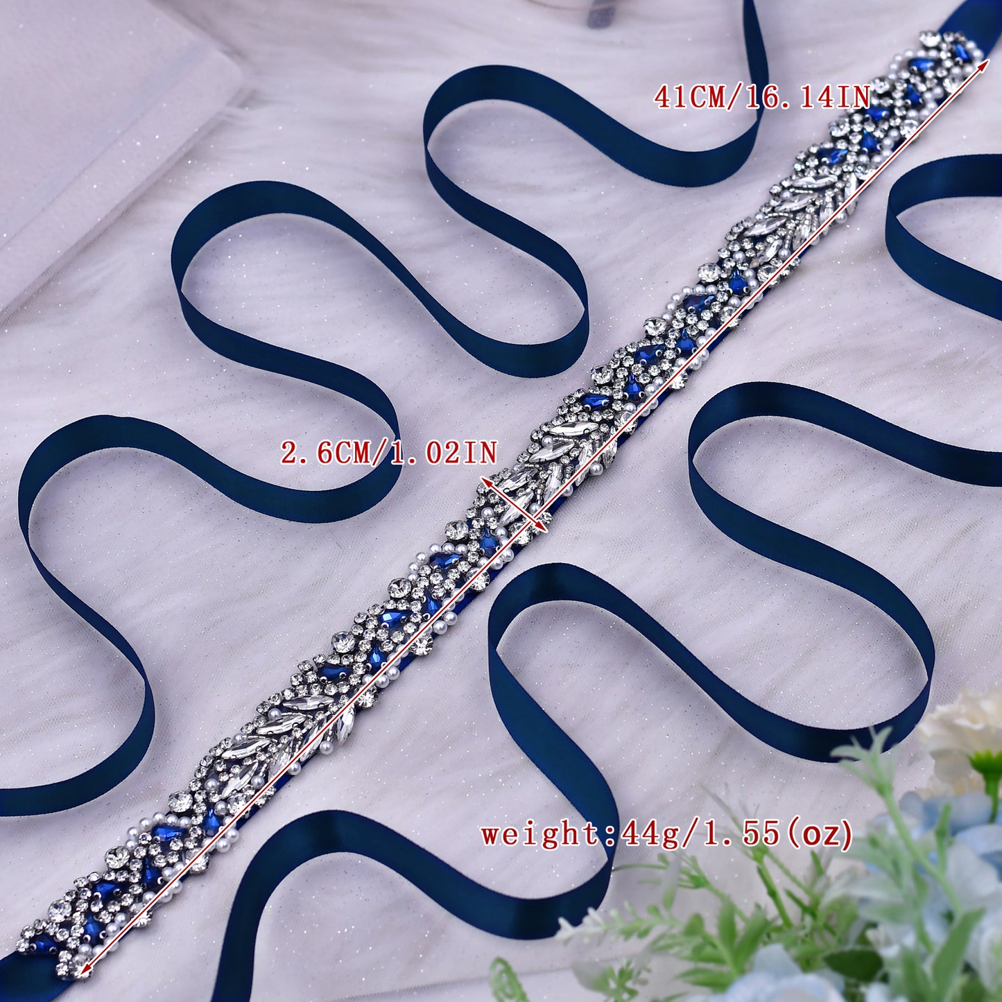 BRIDELLA BS100ML Elegant Ladies Formal Occasion Dress Belt With Deep Blue Gemstone Pearl Diamond Strap