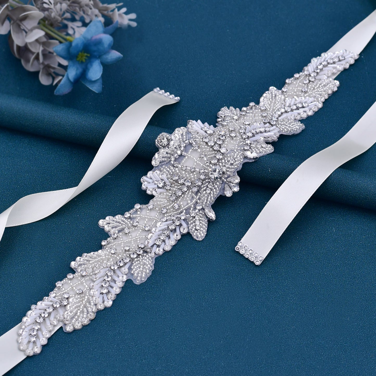 BRIDELLA BS110 Bohemian Style Womens Buckle Free Waist Belt Transparent Silver Tube Bead Sparkling Decoration Beige Lace Up
