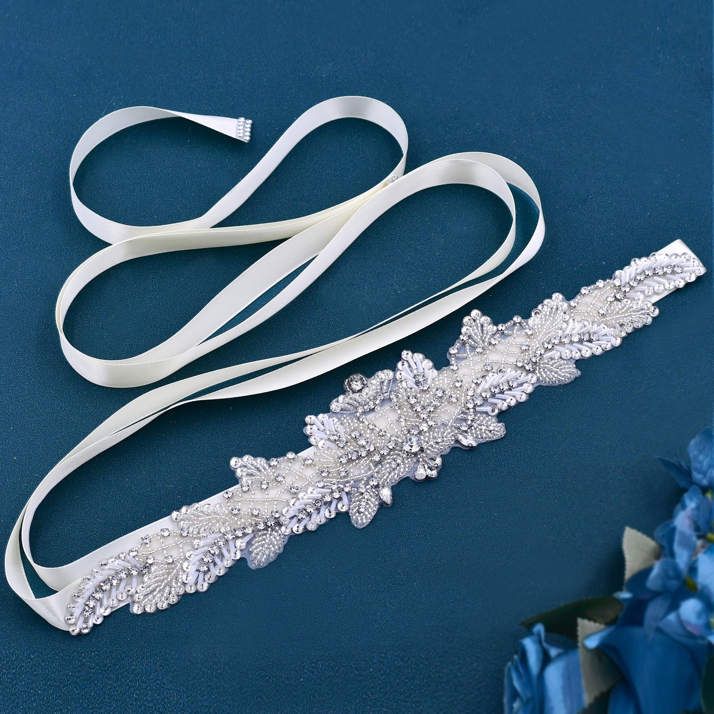 BRIDELLA BS110 Bohemian Style Womens Buckle Free Waist Belt Transparent Silver Tube Bead Sparkling Decoration Beige Lace Up