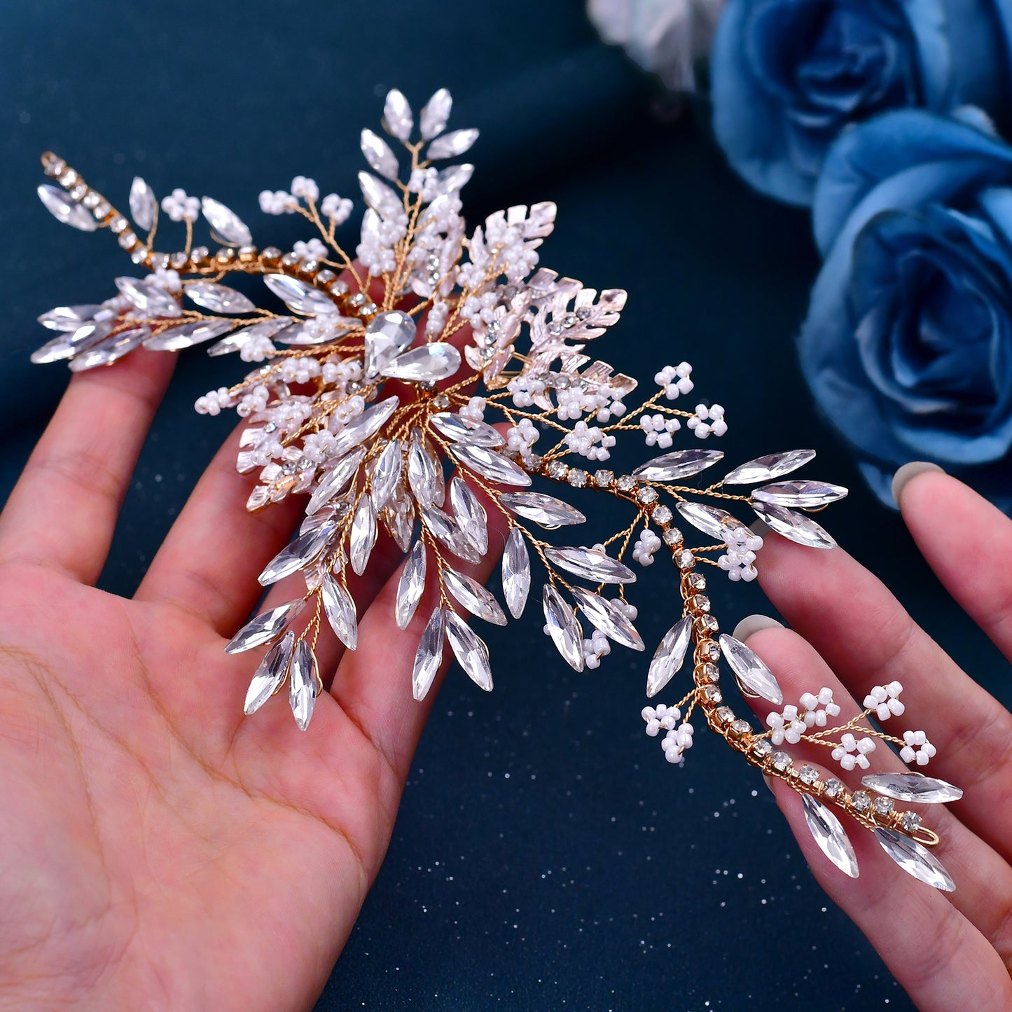BRIDELLA BHP277 Golden Bridal Headpiece Wedding Hair Accessories Beads Headdress for Woman Rhinestones Bridesmaid Silvery Headband Hair Jewelry