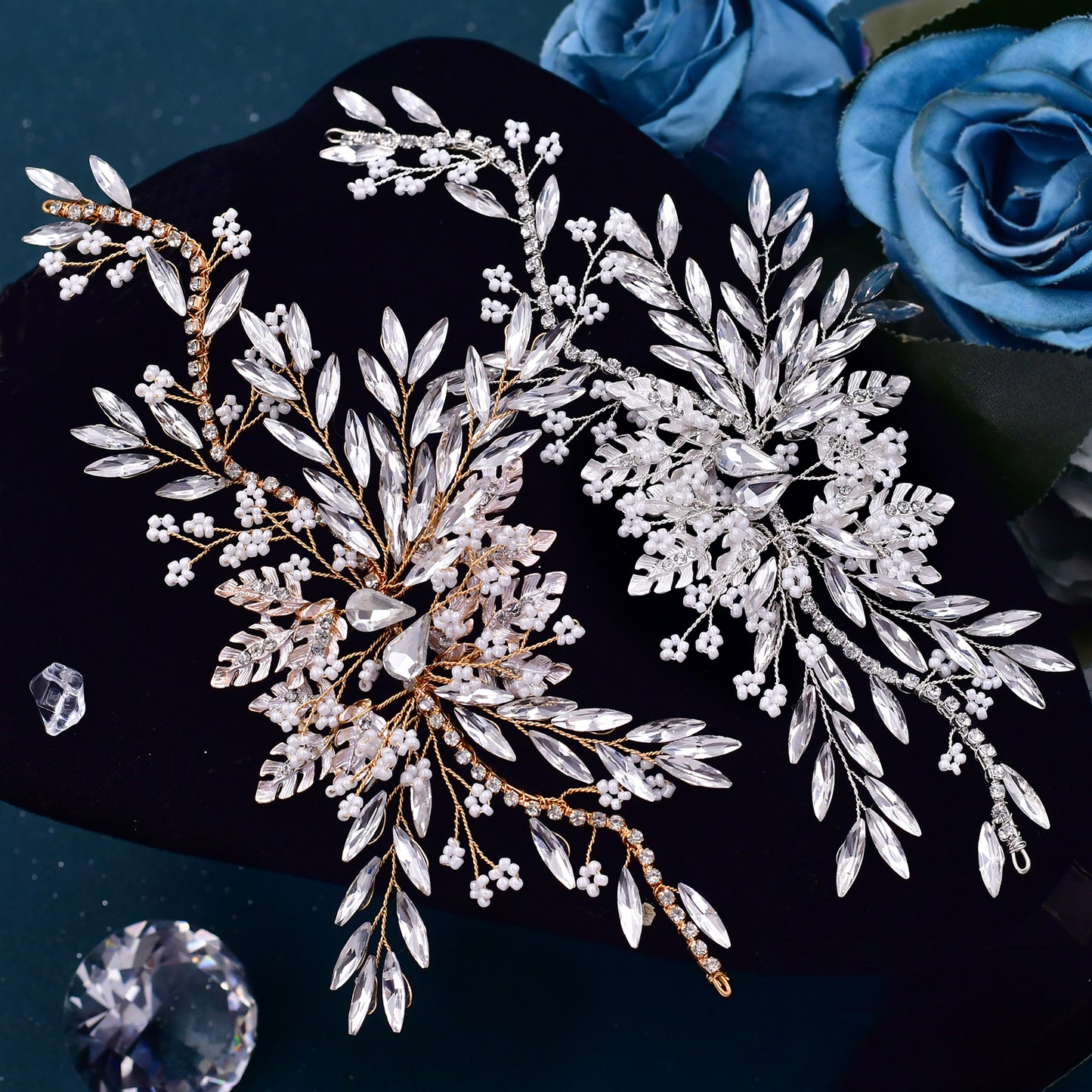 BRIDELLA BHP277 Golden Bridal Headpiece Wedding Hair Accessories Beads Headdress for Woman Rhinestones Bridesmaid Silvery Headband Hair Jewelry