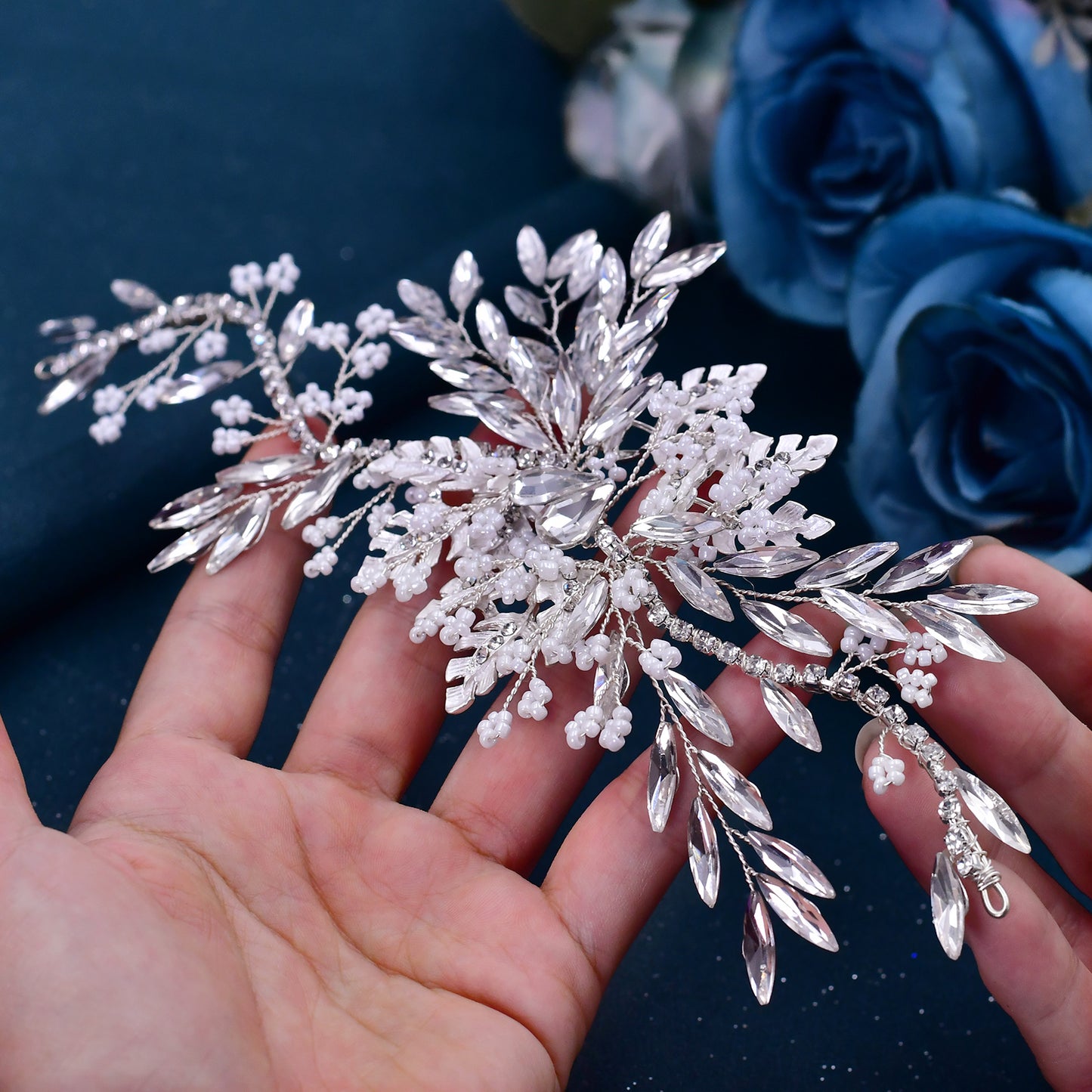 BRIDELLA BHP277 Golden Bridal Headpiece Wedding Hair Accessories Beads Headdress for Woman Rhinestones Bridesmaid Silvery Headband Hair Jewelry