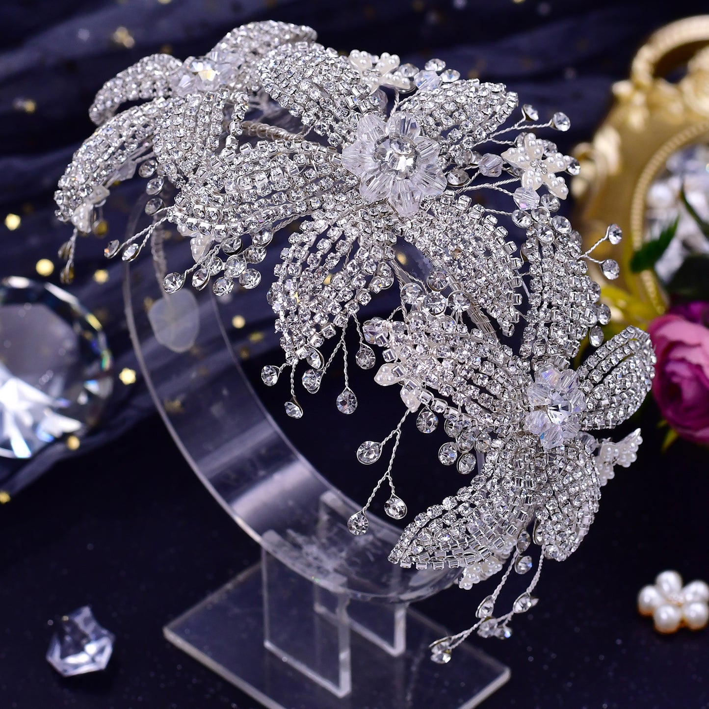 BRIDELLA BHP252 Luxury Crystal Bridal Headwear Flower Bridal Crown Tiara Rhinestone Wedding Hair Jewelry Bridal Hair Accessories
