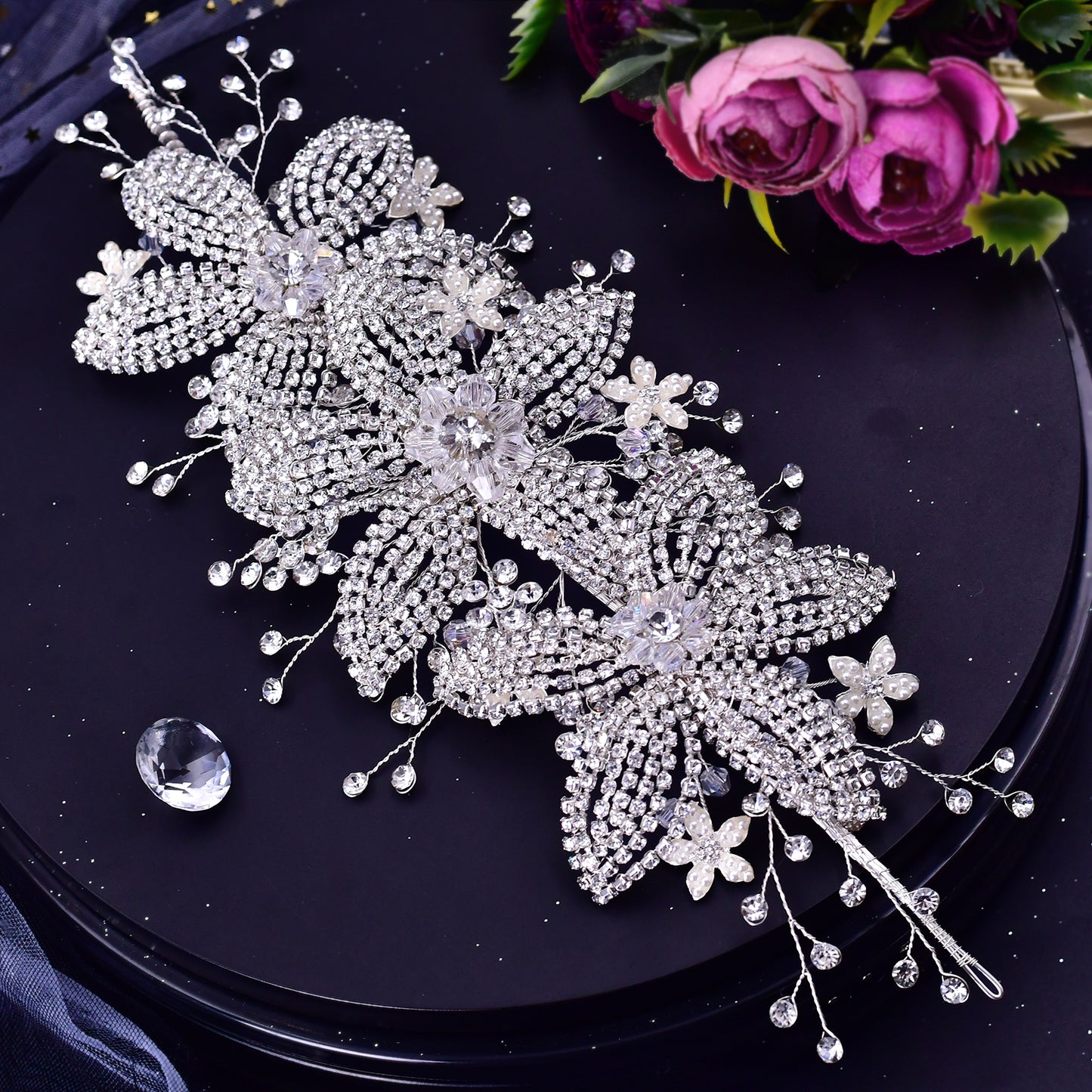 BRIDELLA BHP252 Luxury Crystal Bridal Headwear Flower Bridal Crown Tiara Rhinestone Wedding Hair Jewelry Bridal Hair Accessories
