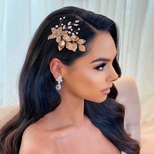 BHP307-G gold rhinestone pearl hair comb