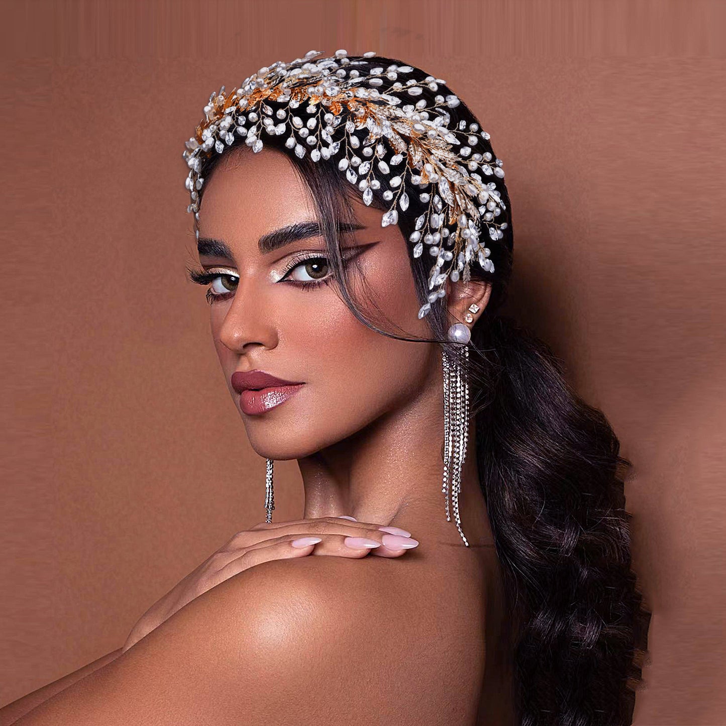 BRIDELLA BHP322 Golden Bridal Tiara and Crown Wedding Headband Hair Jewelry Women Hair Accessories Rhinestone Bridal Headwear