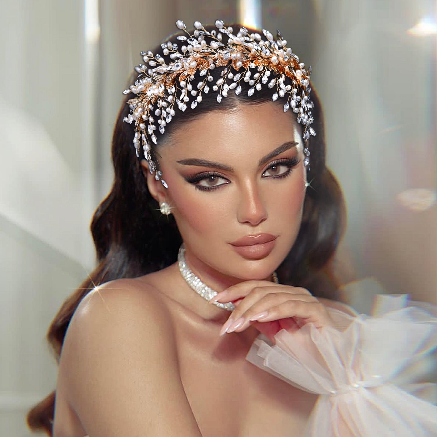 BRIDELLA BHP322 Golden Bridal Tiara and Crown Wedding Headband Hair Jewelry Women Hair Accessories Rhinestone Bridal Headwear