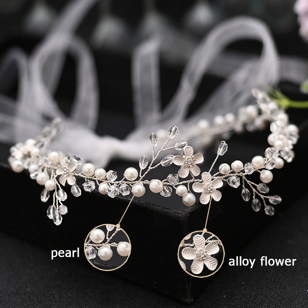 BRIDELLA BHP347 Wedding Pearl Crystal Hair Band Silver Color Headband Bride Headpieces Hair Accessories Handmade Women Headdress