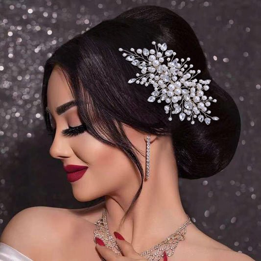 BHP42 silver rhinestone pearl hair comb