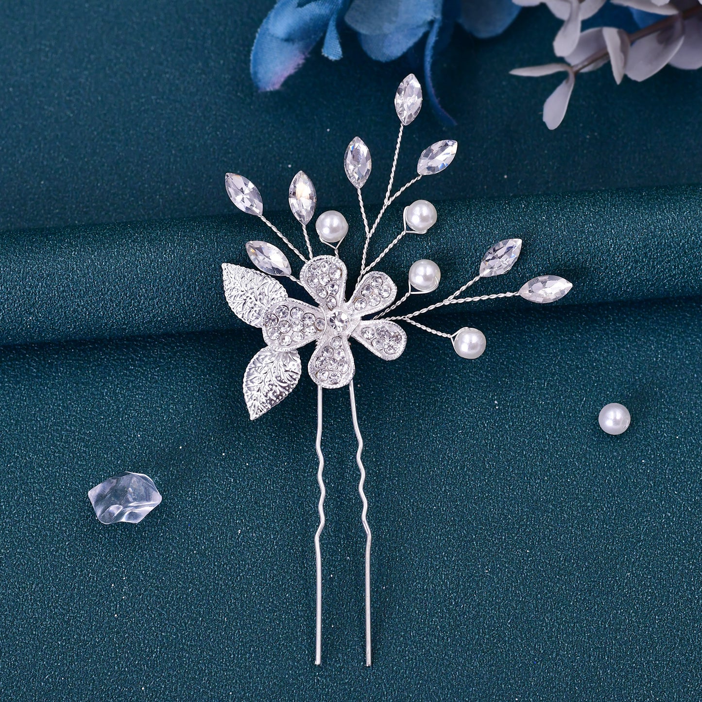 BRIDELLA BHP504 Silver Alloy Leaf Studded Diamond Flowers Hairpin,Color Preserving and Shiny Wedding Hair Accessory, Bridal Headpiece,Handmade Diamond Hair Fork, U-shaped
