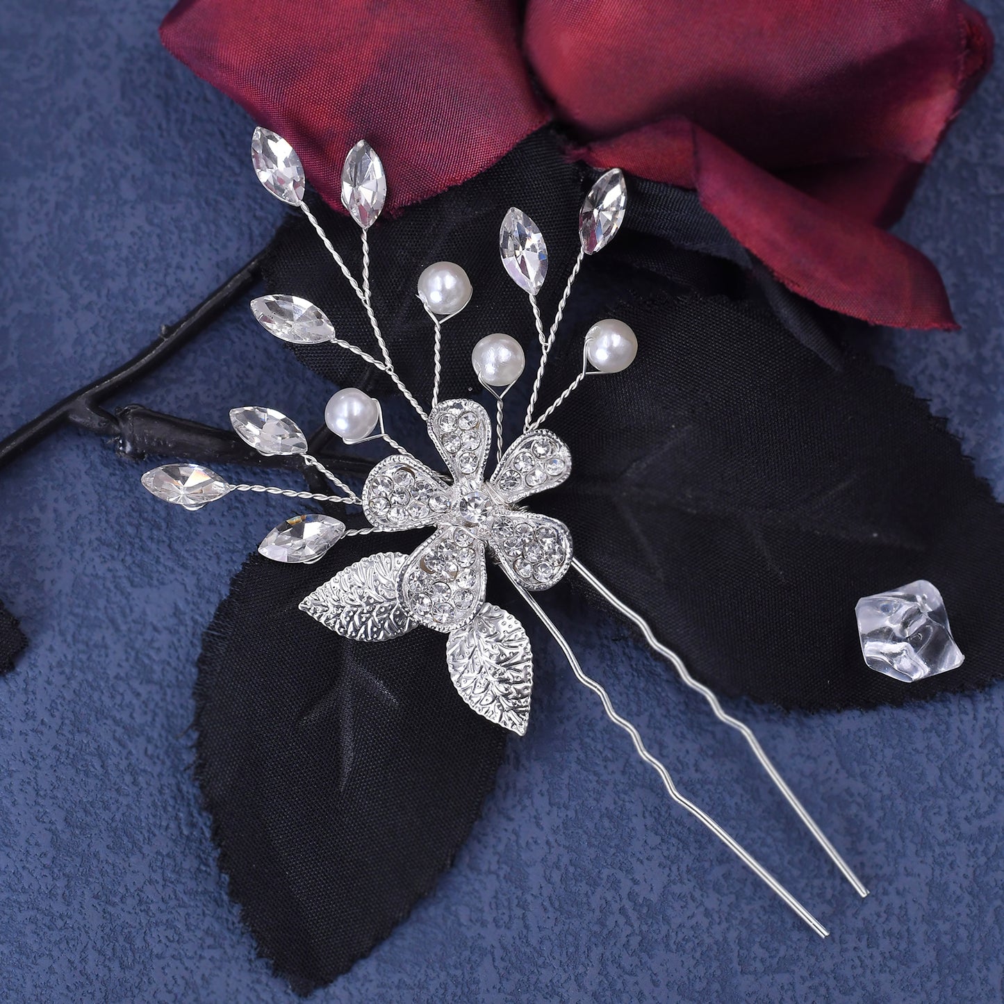 BRIDELLA BHP504 Silver Alloy Leaf Studded Diamond Flowers Hairpin,Color Preserving and Shiny Wedding Hair Accessory, Bridal Headpiece,Handmade Diamond Hair Fork, U-shaped