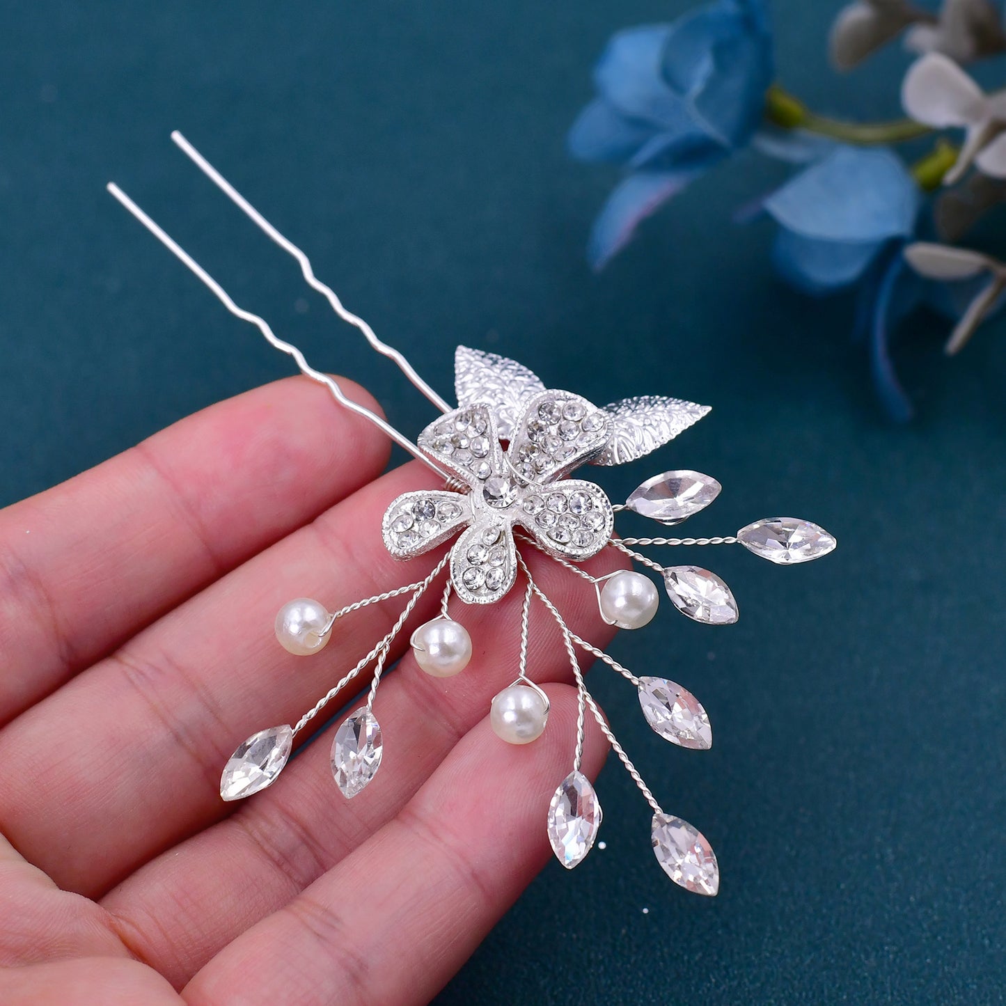 BRIDELLA BHP504 Silver Alloy Leaf Studded Diamond Flowers Hairpin,Color Preserving and Shiny Wedding Hair Accessory, Bridal Headpiece,Handmade Diamond Hair Fork, U-shaped