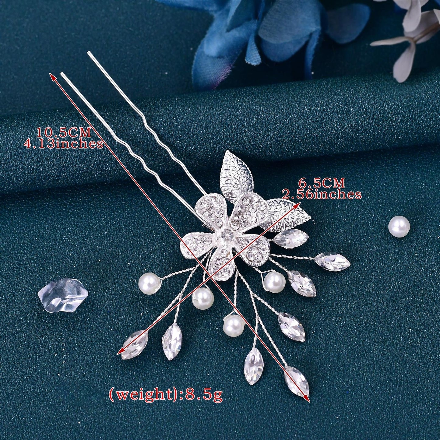 BRIDELLA BHP504 Silver Alloy Leaf Studded Diamond Flowers Hairpin,Color Preserving and Shiny Wedding Hair Accessory, Bridal Headpiece,Handmade Diamond Hair Fork, U-shaped