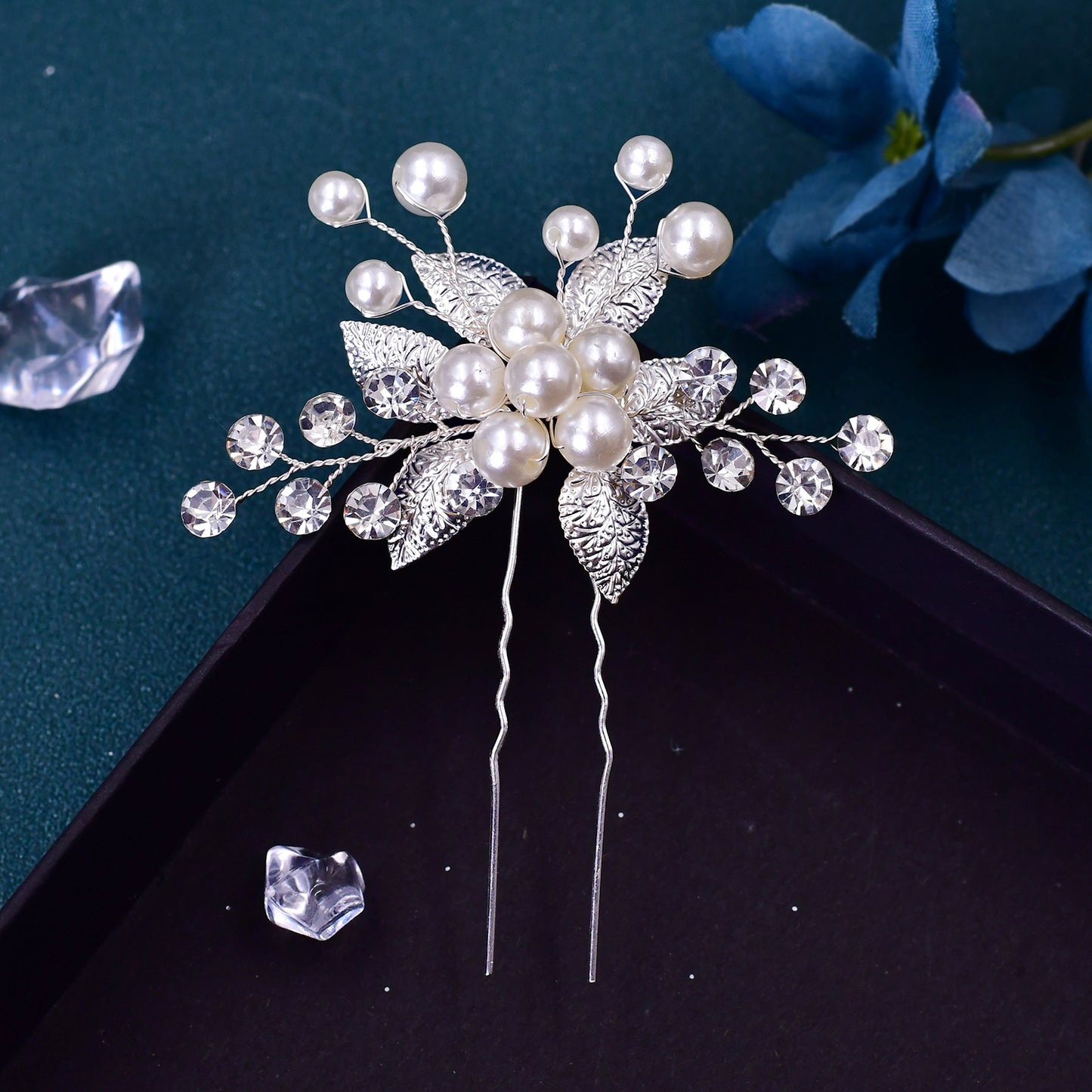 BRIDELLA BHP506 U-shaped Silver Diamond Hairpin,Silver Color Preserving and Shiny Wedding Hair Accessory, Bridal Headpiece,Handmade Pearls Hair Fork
