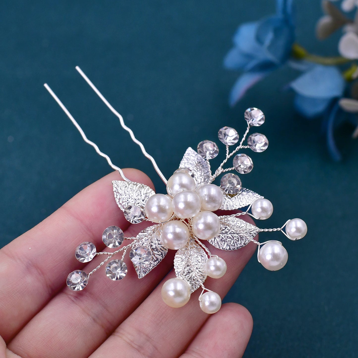 BRIDELLA BHP506 U-shaped Silver Diamond Hairpin,Silver Color Preserving and Shiny Wedding Hair Accessory, Bridal Headpiece,Handmade Pearls Hair Fork