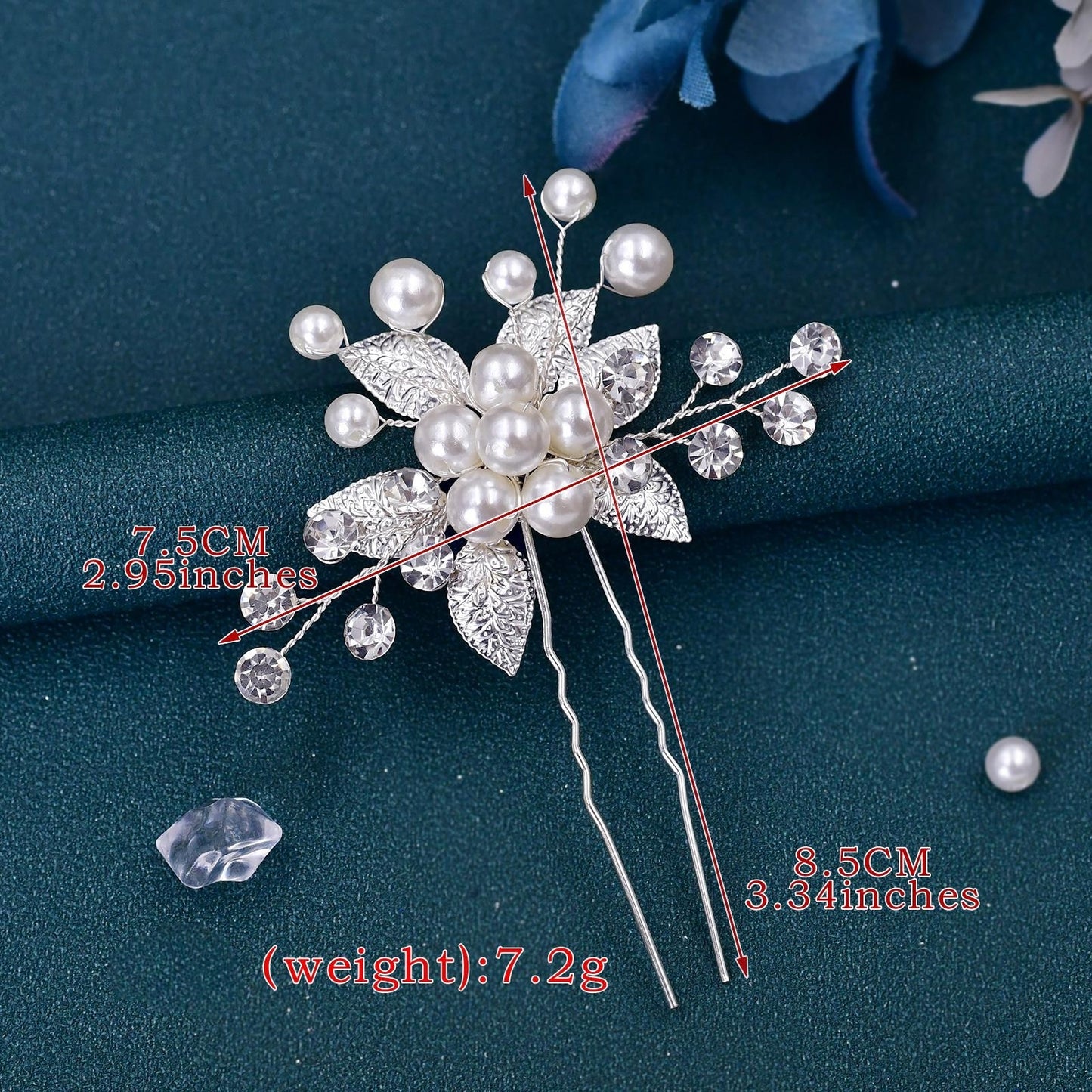 BRIDELLA BHP506 U-shaped Silver Diamond Hairpin,Silver Color Preserving and Shiny Wedding Hair Accessory, Bridal Headpiece,Handmade Pearls Hair Fork