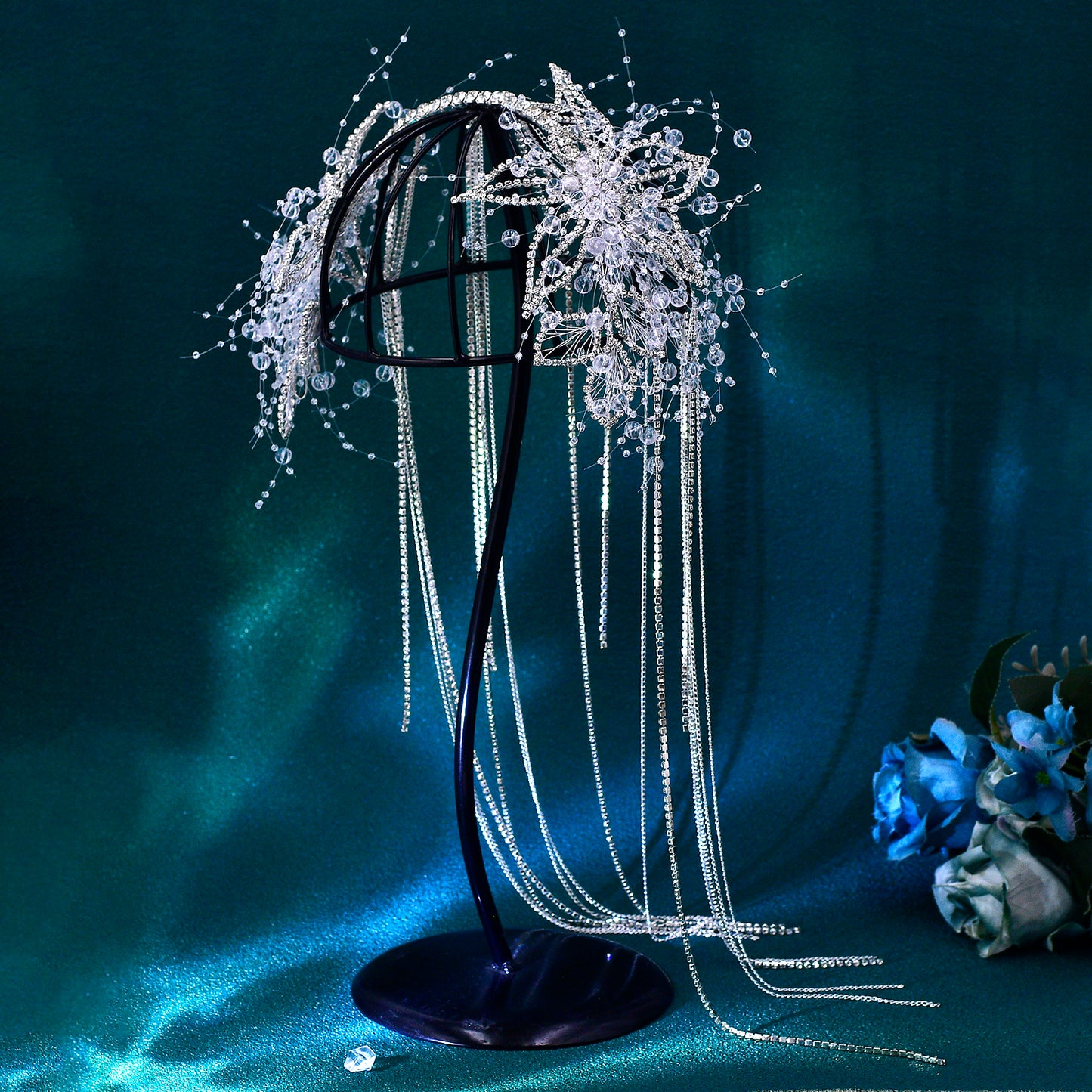 BRIDELLA BHP750 luxurious Long Tassel Wedding Headband Handmade Rhinestone Flower Bride Headwear Customized Hair Accessories