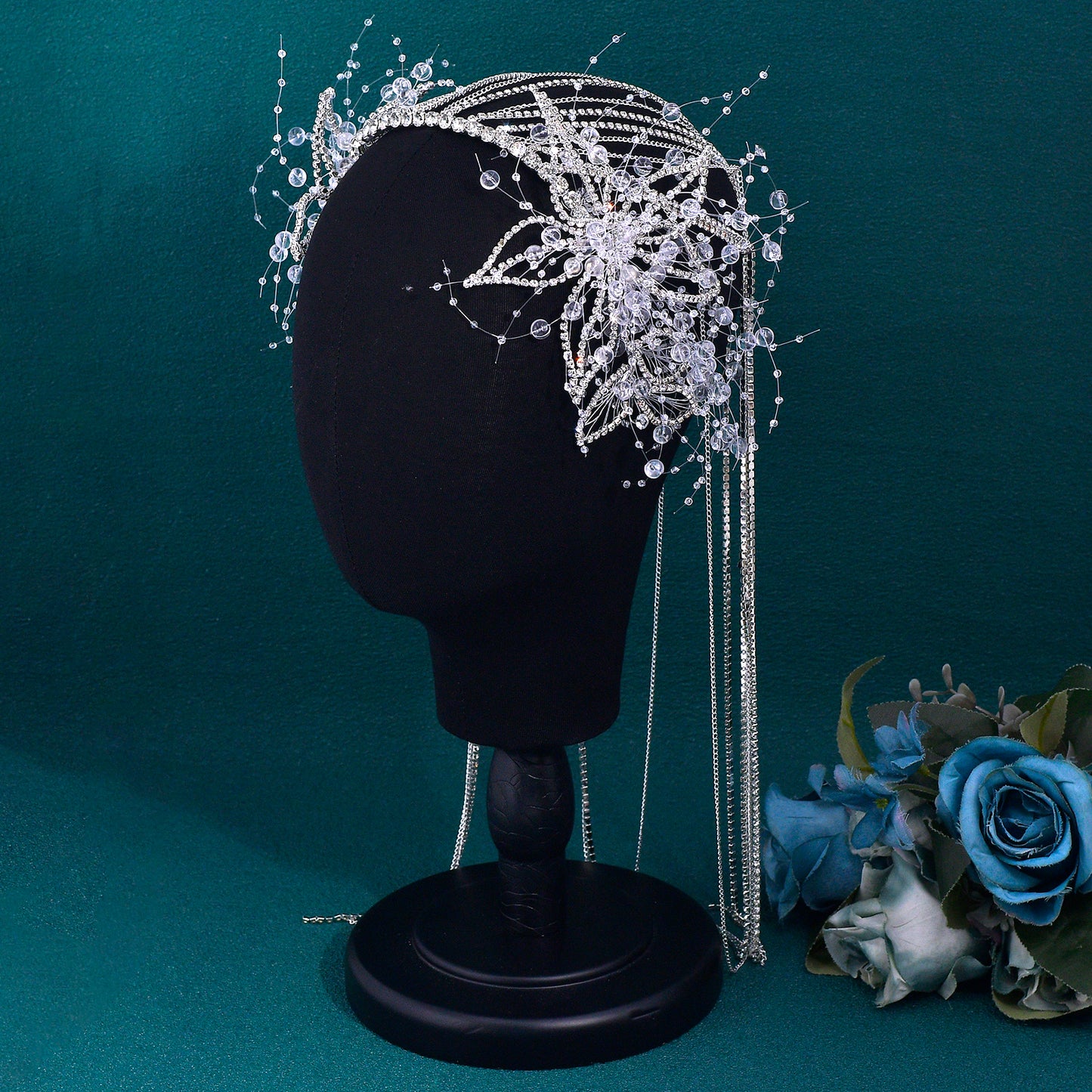 BRIDELLA BHP750 luxurious Long Tassel Wedding Headband Handmade Rhinestone Flower Bride Headwear Customized Hair Accessories